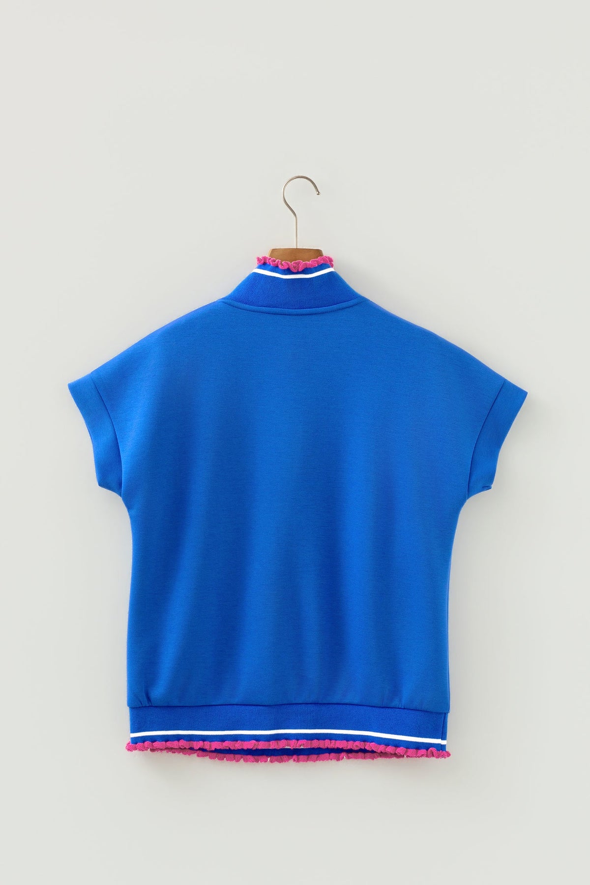 Contrast Frilled Trim Buttoned Collar Short Sleeve Top