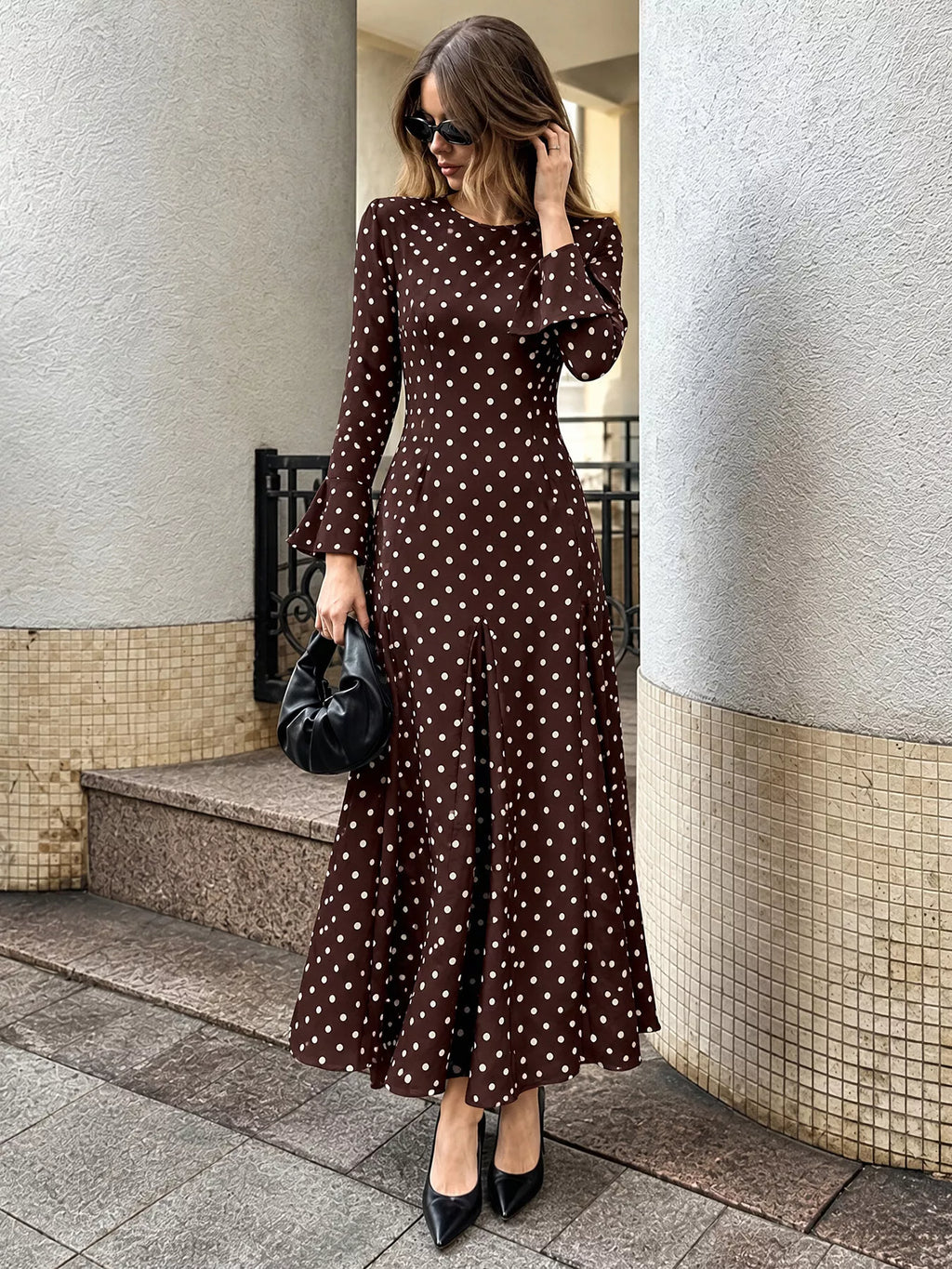 Polka Dot Long Sleeve Maxi Dress