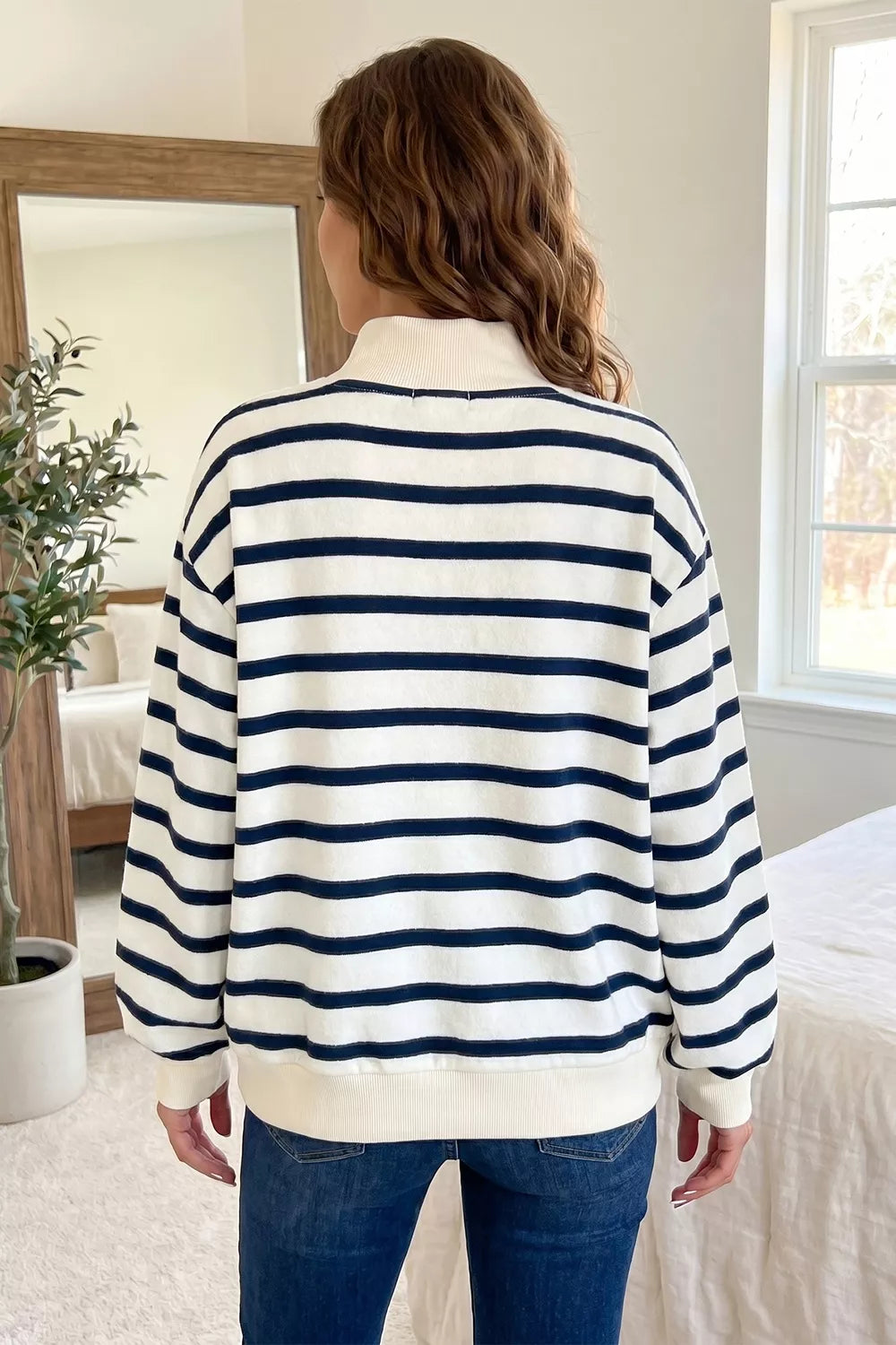 Striped Stand Neck Long Sleeve Ribbed Cuff Hem Sweatshirt