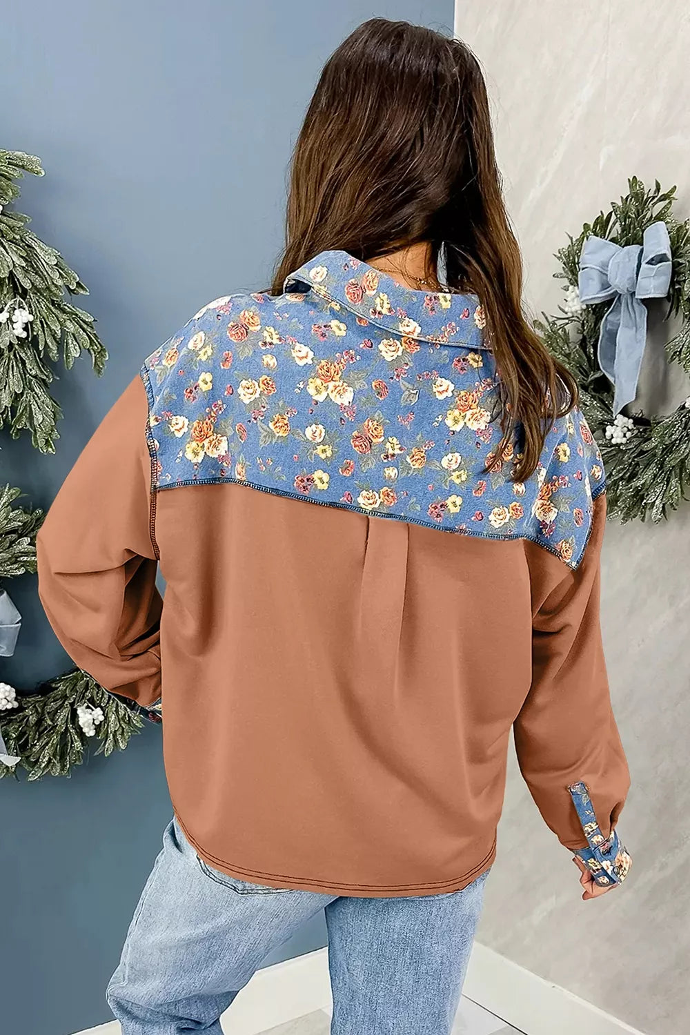 Floral Denim Patchwork Collar V Neck Long Sleeve Pullover Top