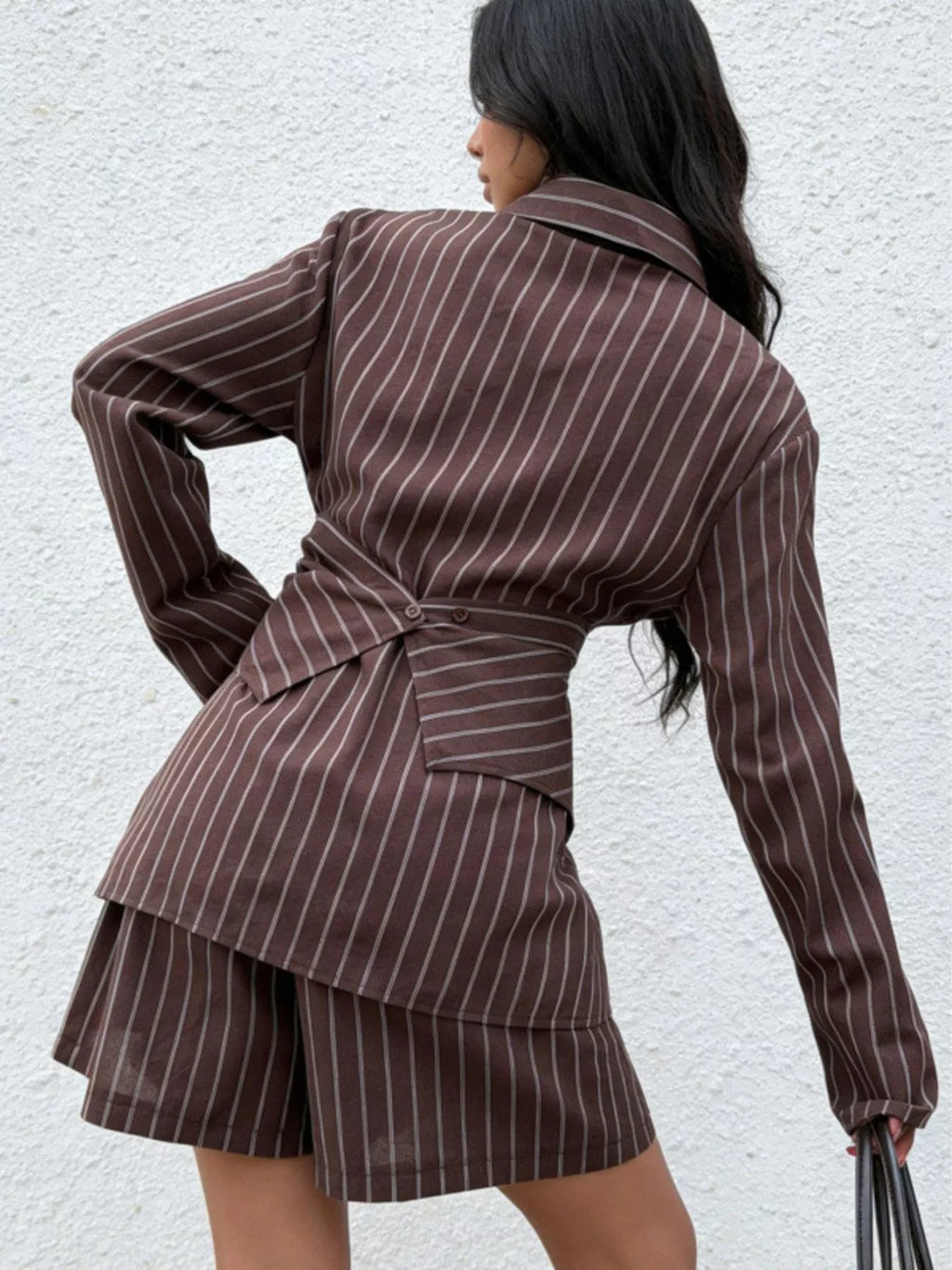 Striped Long-Sleeve Wrap Shirt and Shorts Two-Piece Set