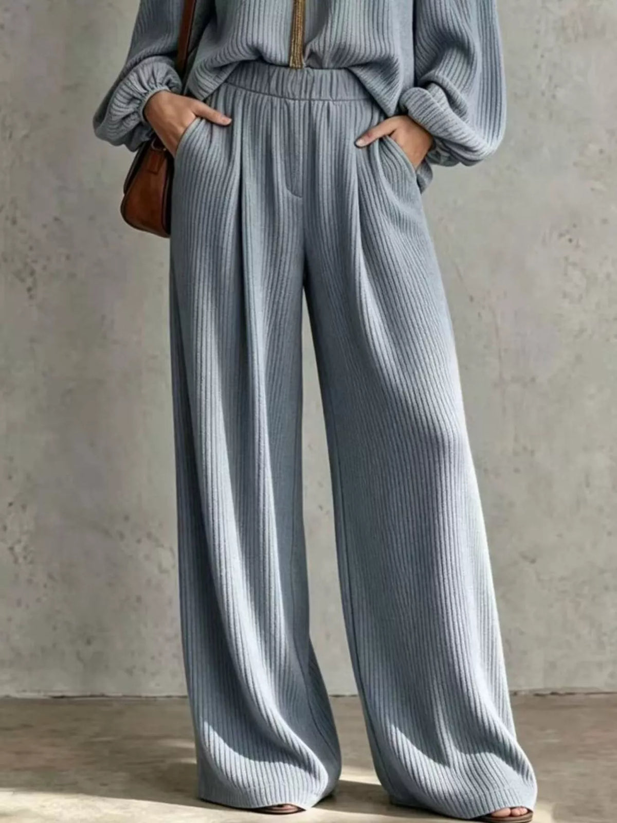 Off-Shoulder Crisscross Cutout Ribbed Knit Top and Wide-Leg Pants Set