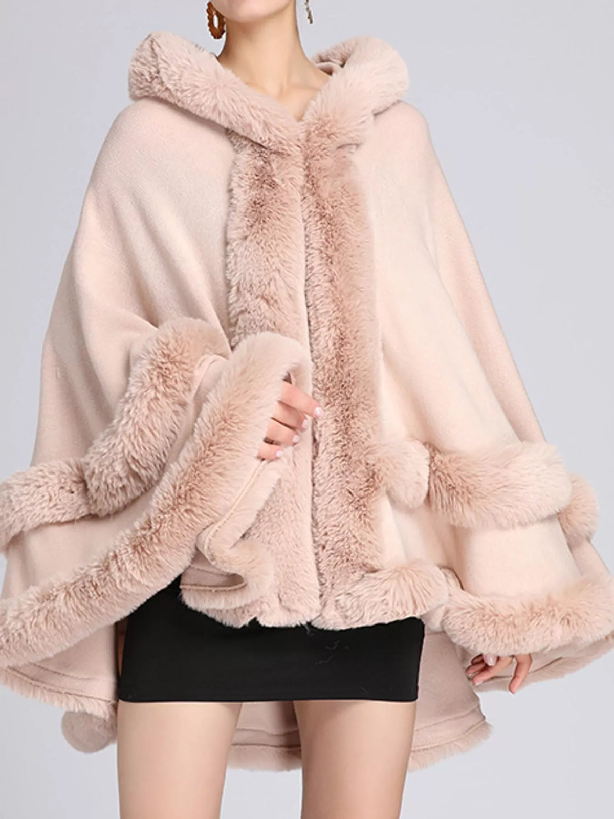 Faux Fur Trimmed Hooded Cape