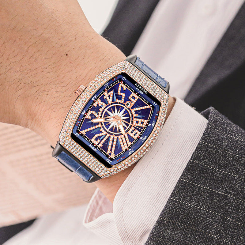 Simple Leather-strapped Yacht-style Diamond-embellished Vintage Quartz Watch