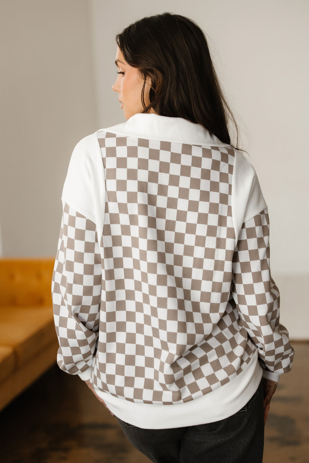 Checker Ribbed Patchwork Quarter Zip Sweatshirt