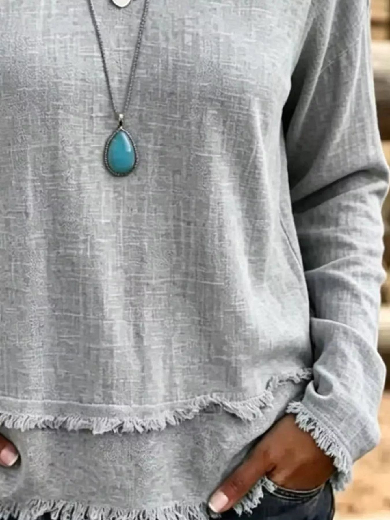 V-Neck Frayed Hem Long Sleeve T-Shirt