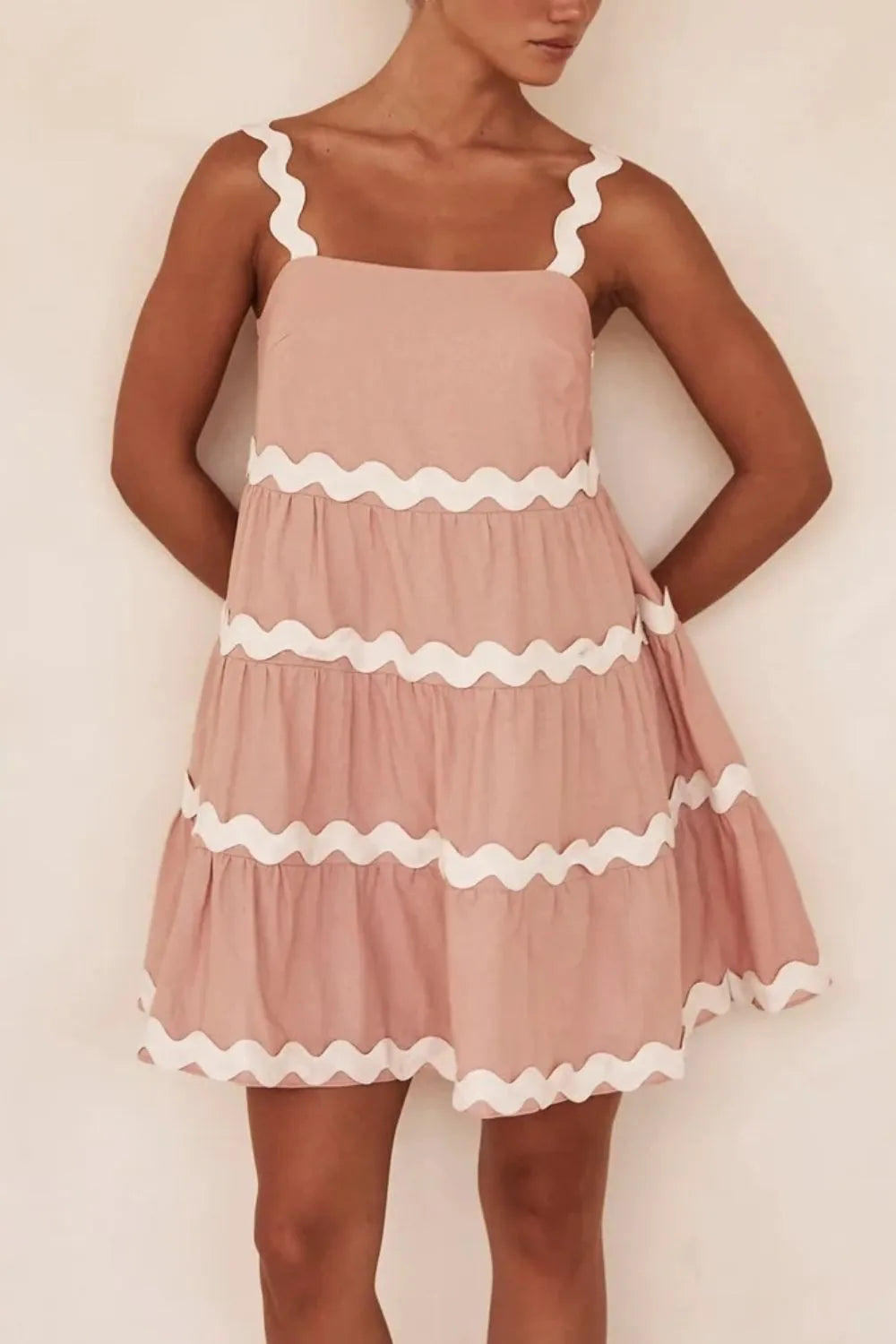 Contrast Trim Square Neck Tiered Dress