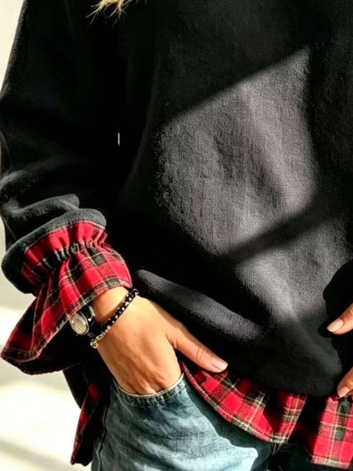 Full Size Cold-Shoulder Plaid Patchwork Long Sleeve Top Plus Size