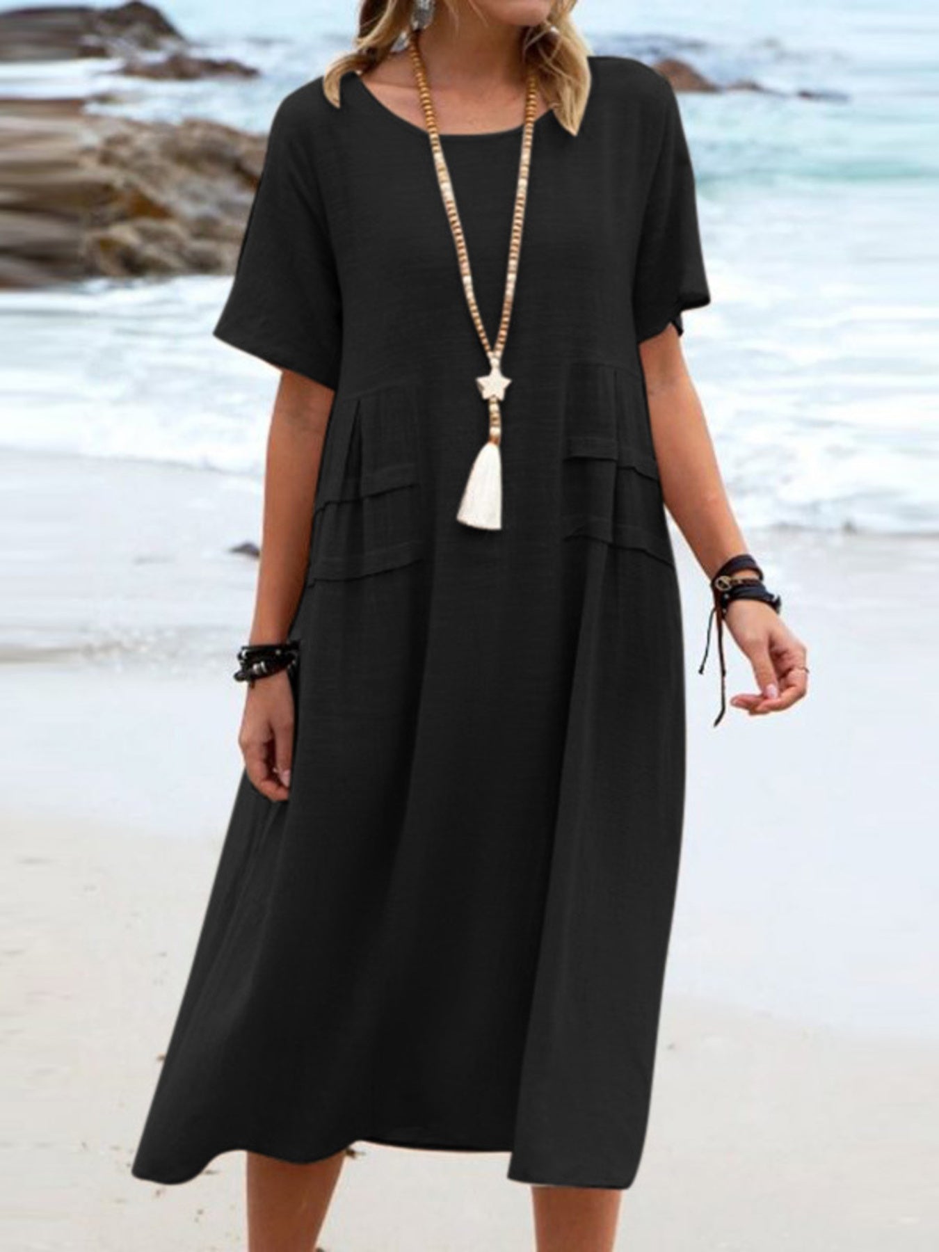 Full Size Casual Linen Blend Midi Dress Plus Size