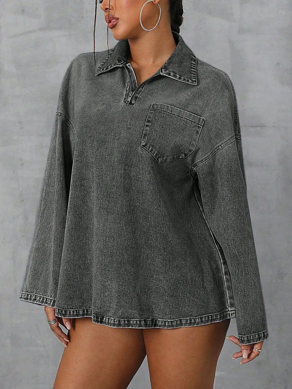Collared Neck Drop Shoulder Denim Top