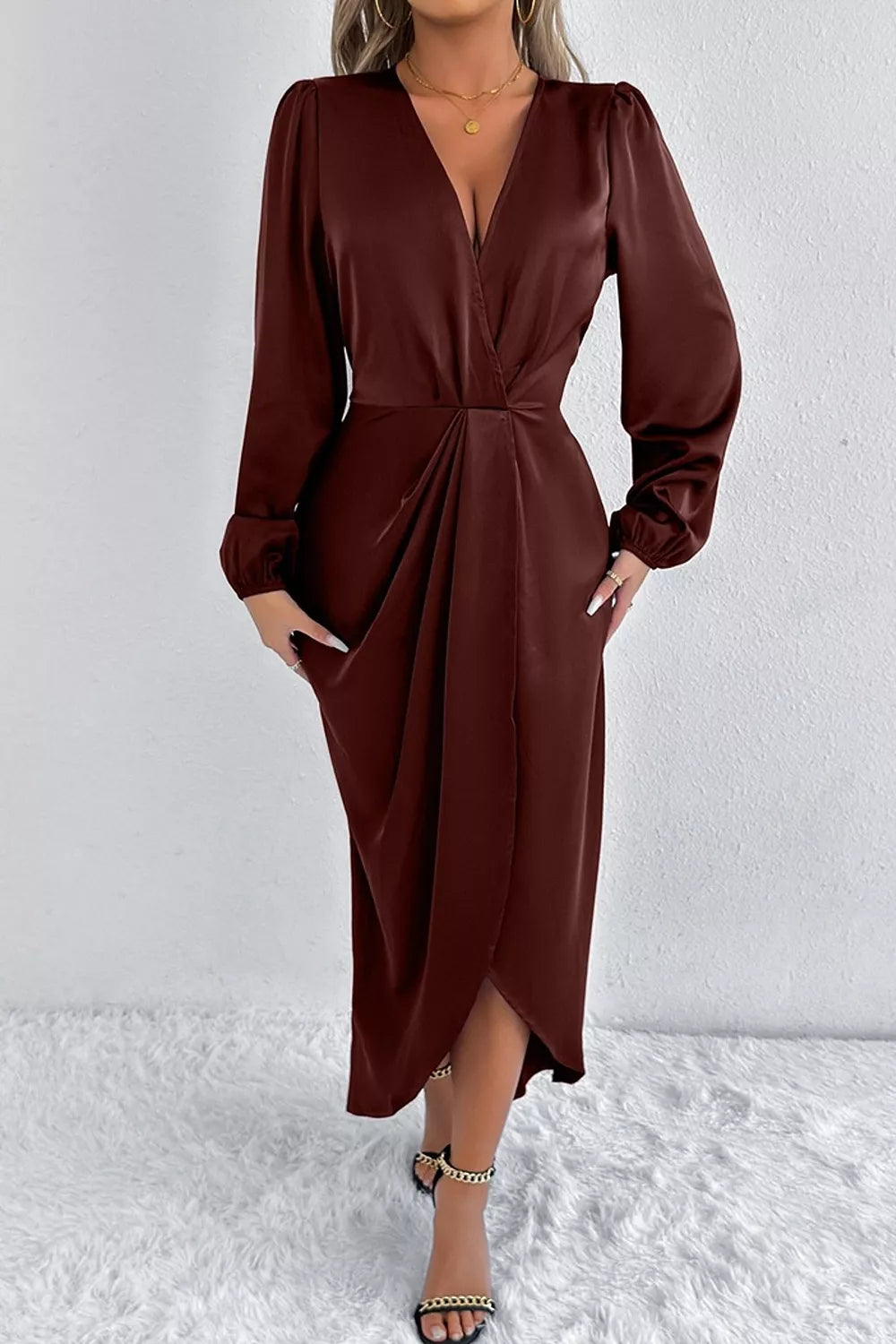 Satin Balloon Sleeve Midi Dress