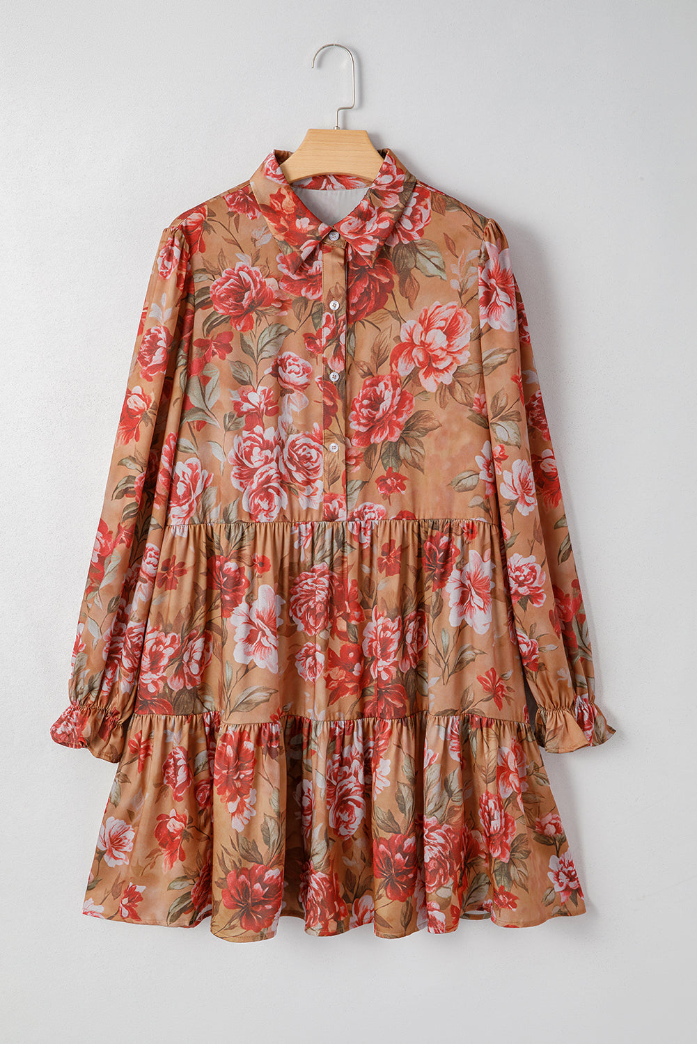 Floral Half-Button Long Sleeve Ruffle Mini Dress