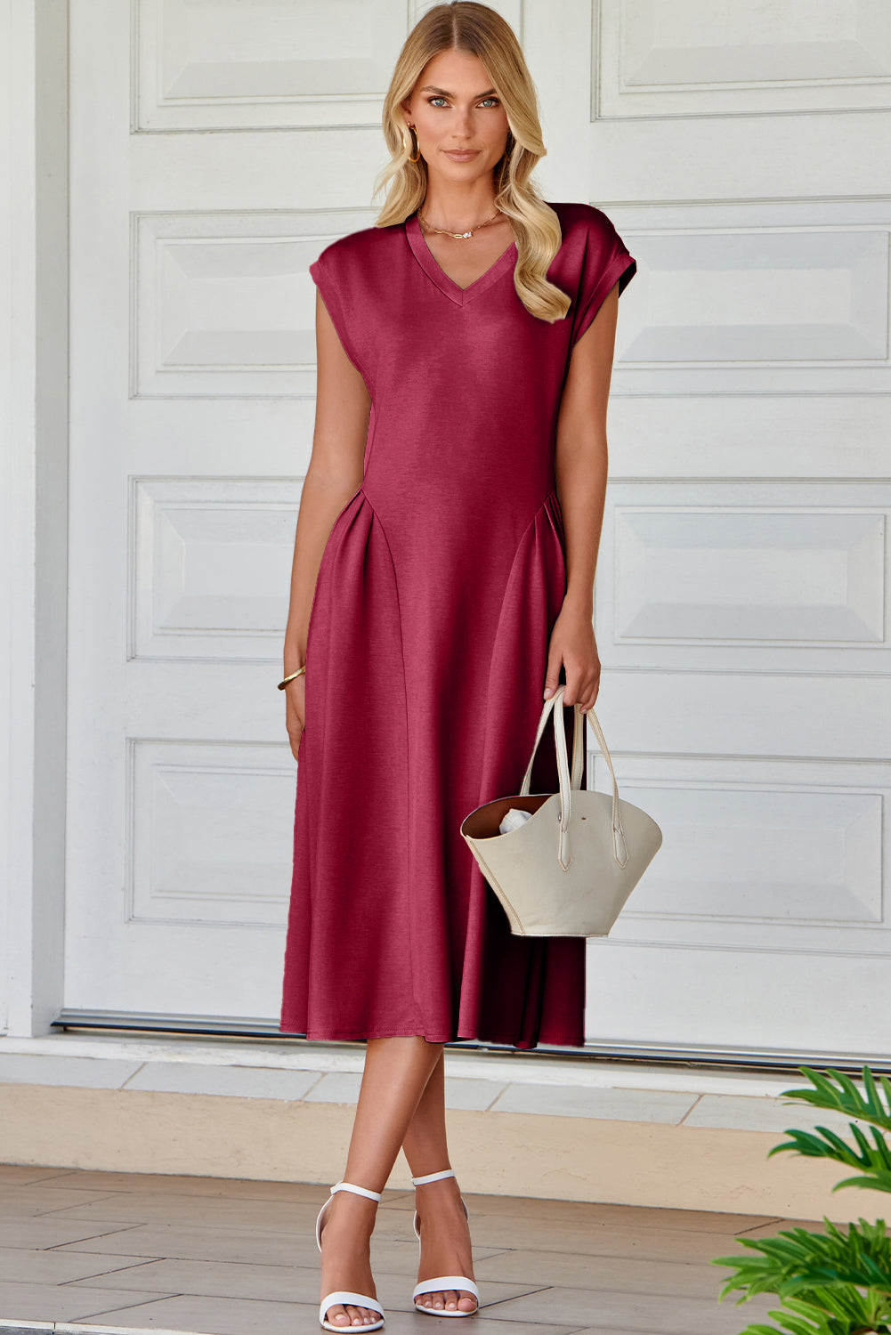 Red Dahlia Solid Color V Neck Pleated Flared Midi Dress