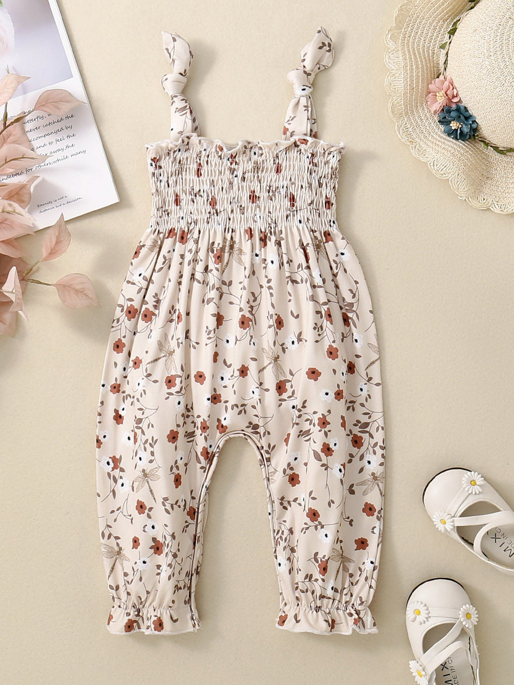 Children's Floral Print Smocked Jumpsuit