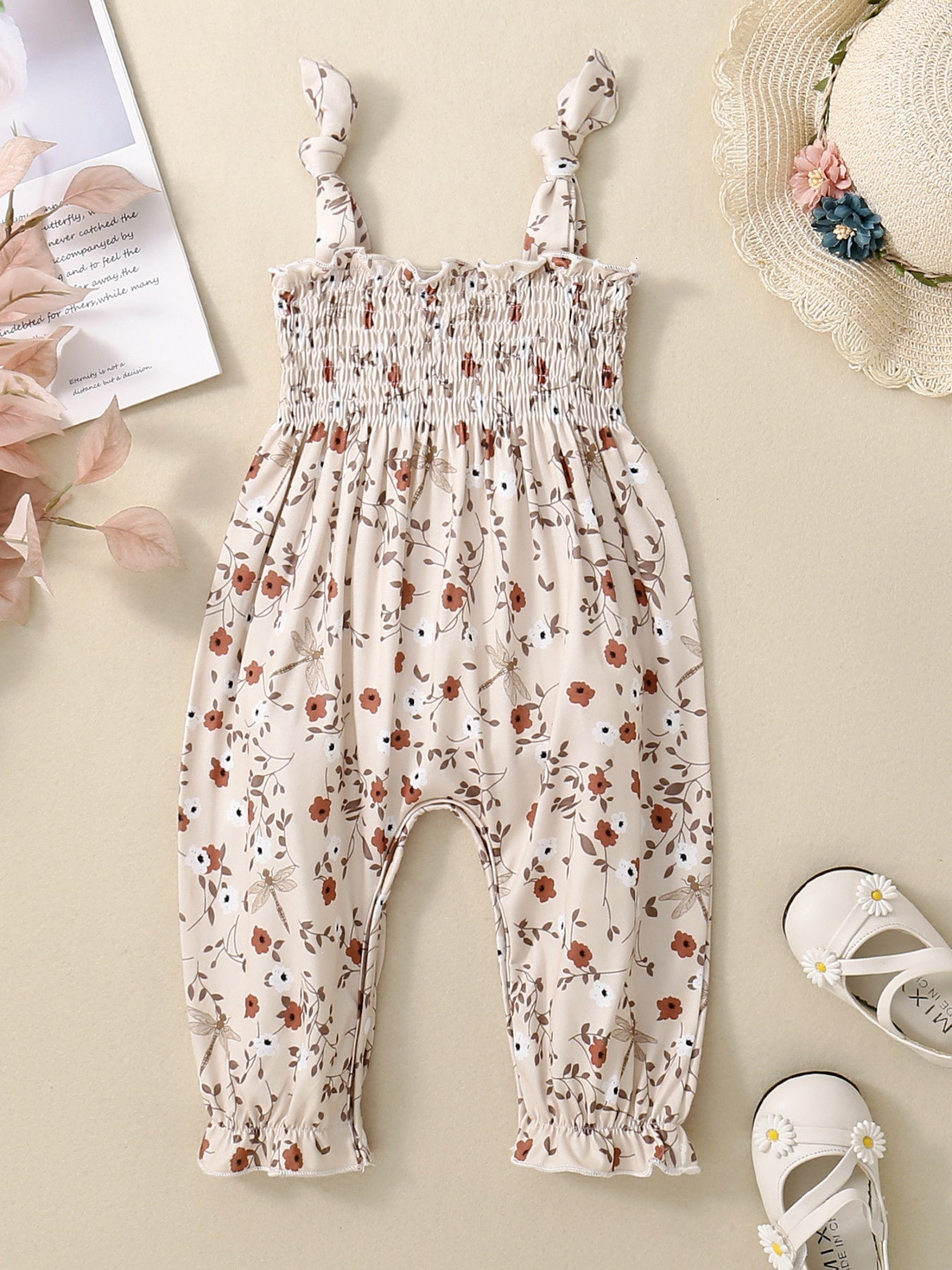 Children's Floral Print Smocked Jumpsuit
