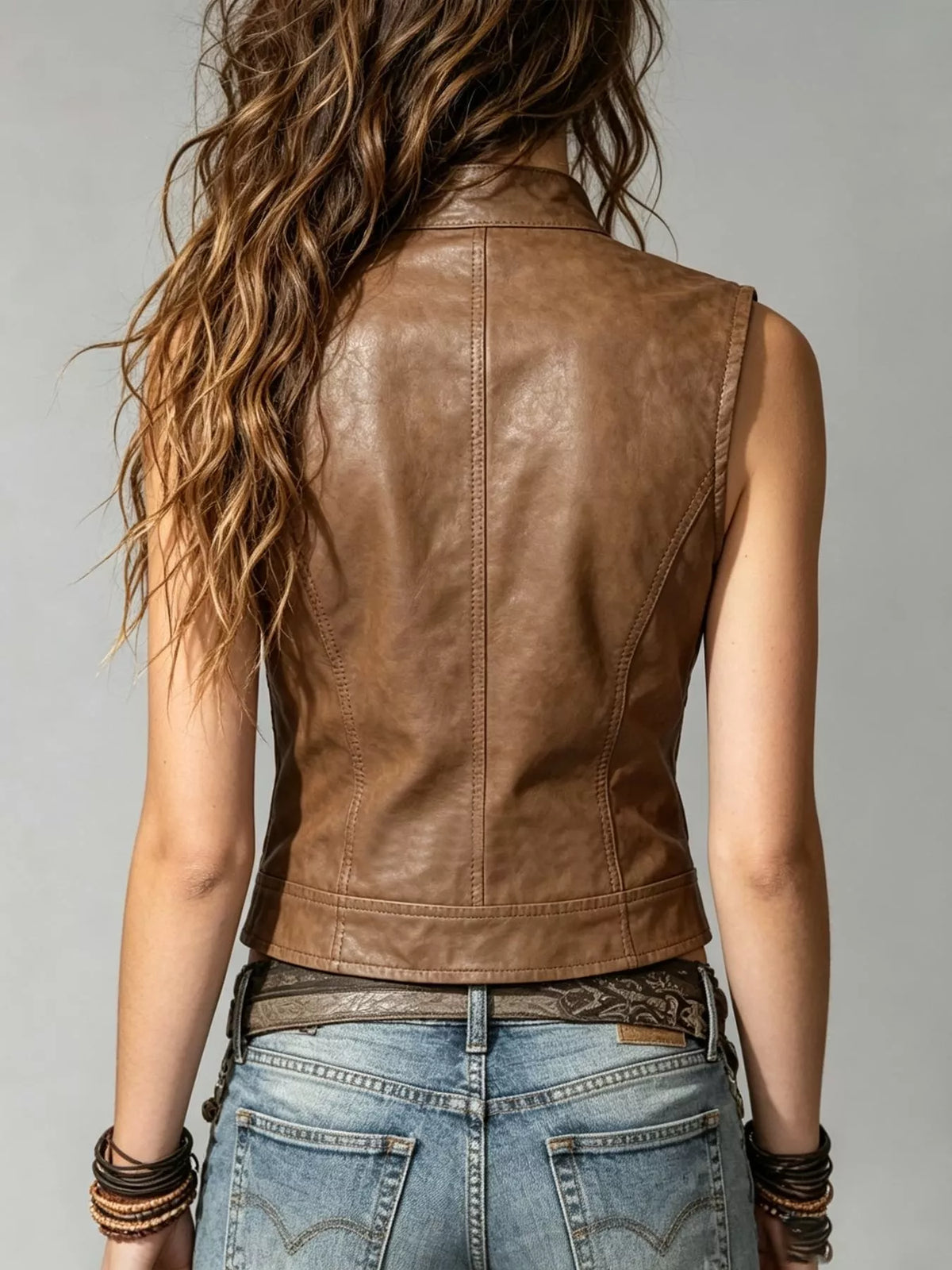 Faux Leather Zip Up Vest Coat