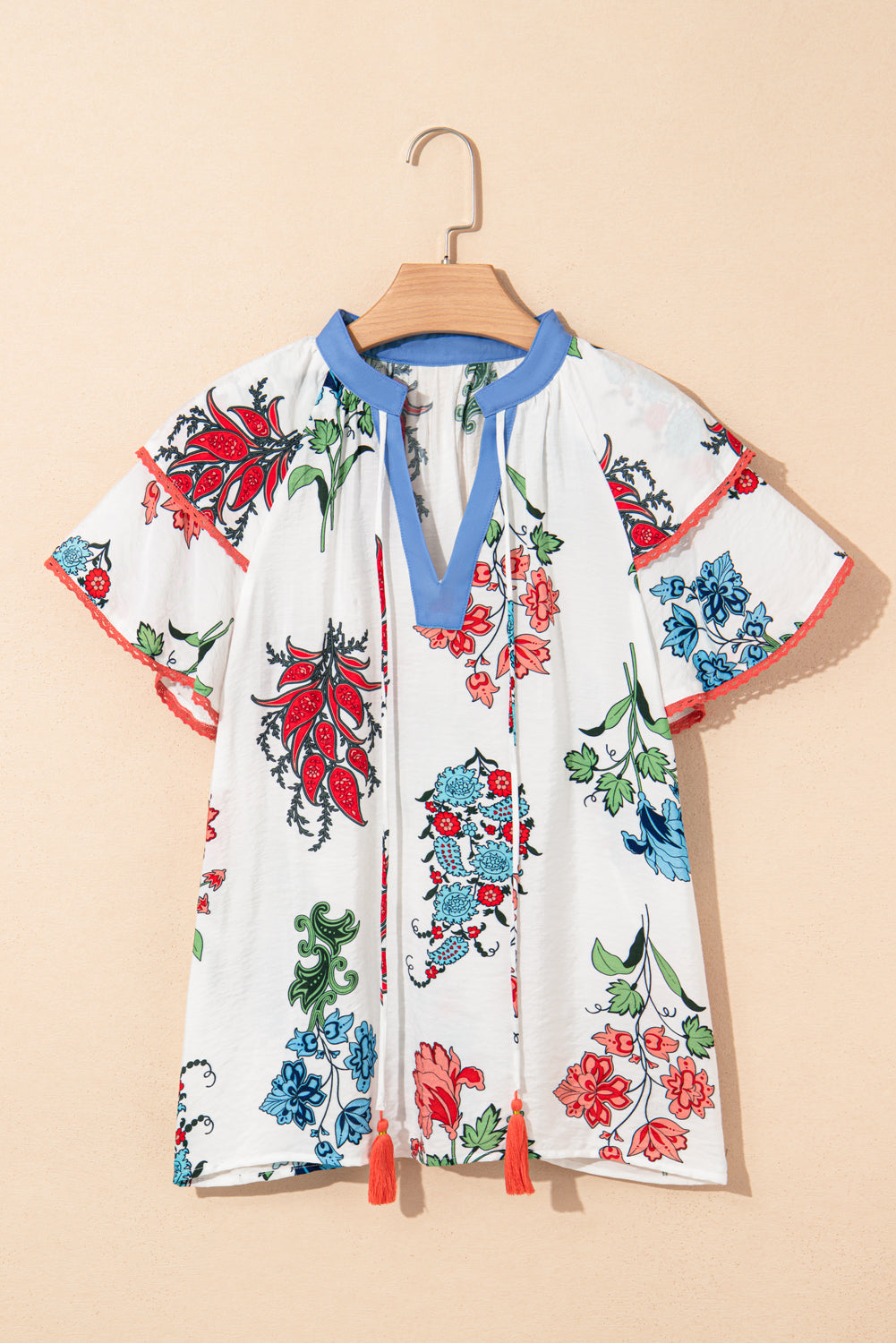 White Floral Print Contrast V Neck Tassel Tie Lace Detail Short Sleeve Blouse