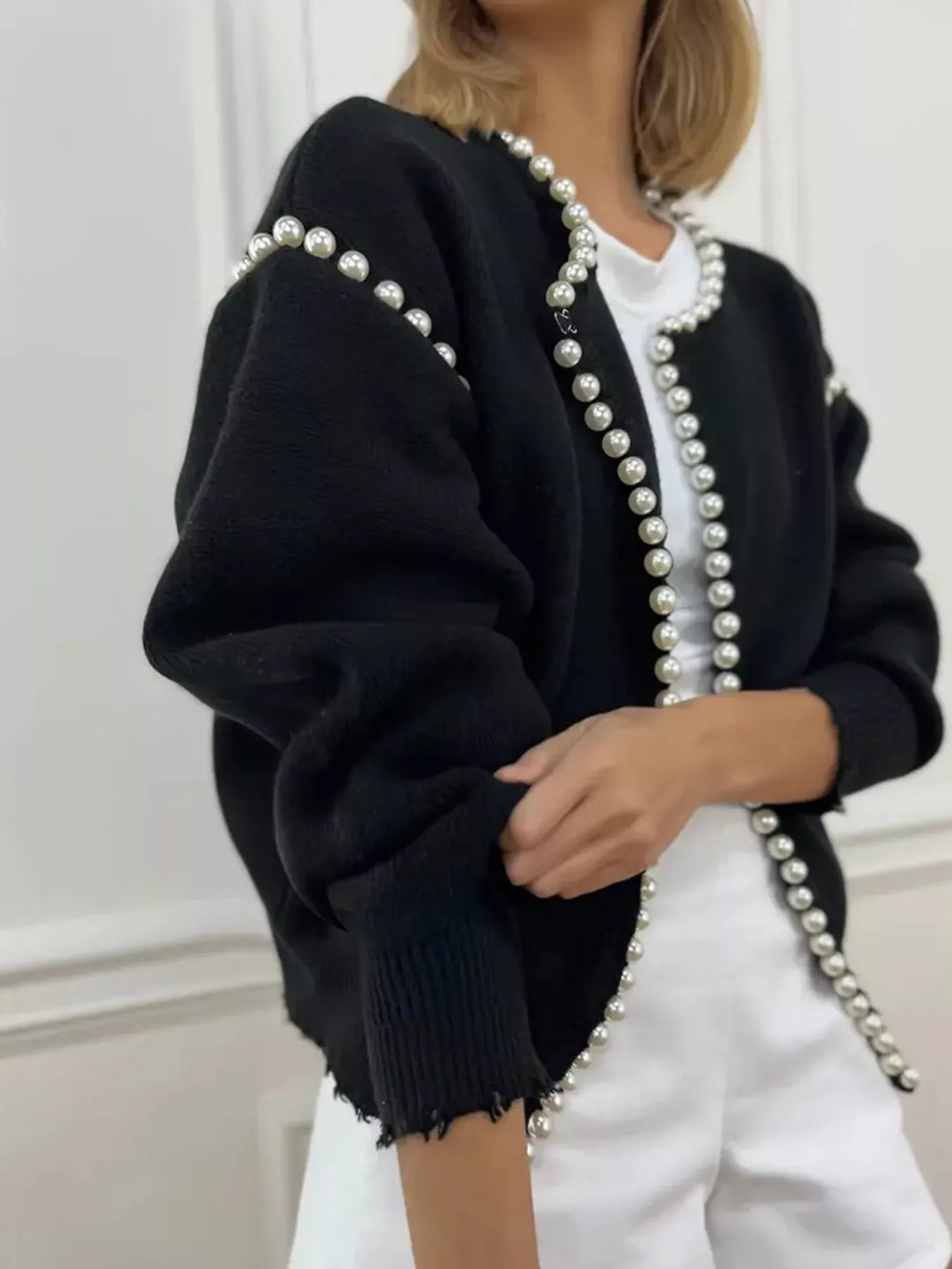 Pearl Trimmed Open Front Cardigan