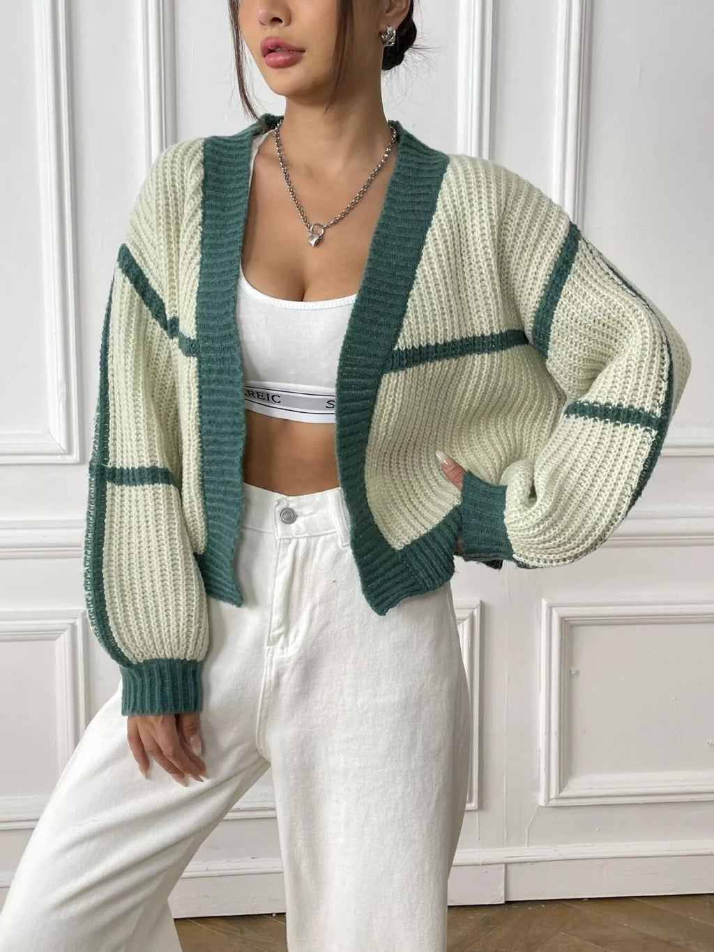 Color-Block Ribbed Knit Open-Front Cropped Cardigan