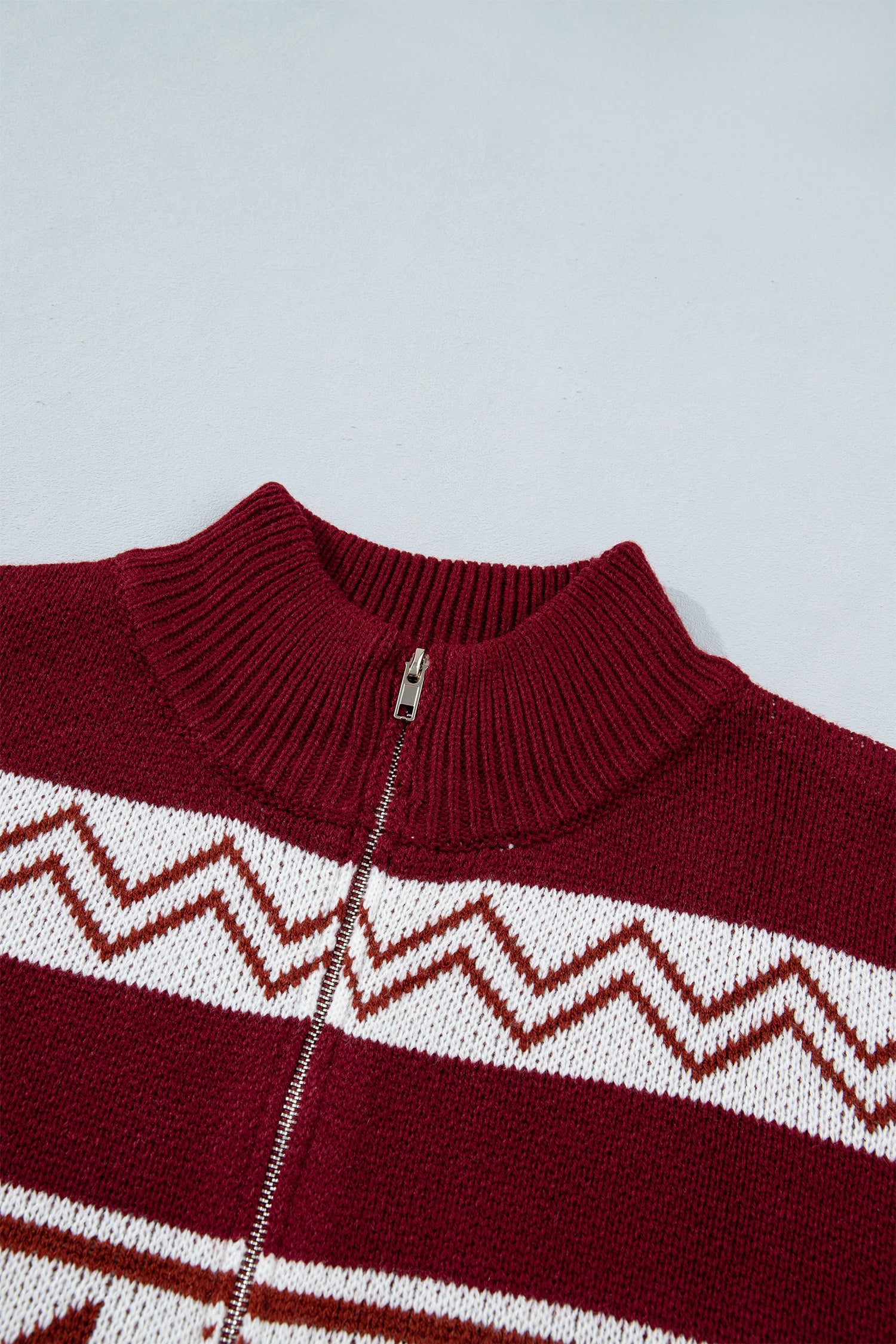 Geometric Fair Isle Knit Zip-Up Mock Neck Cardigan
