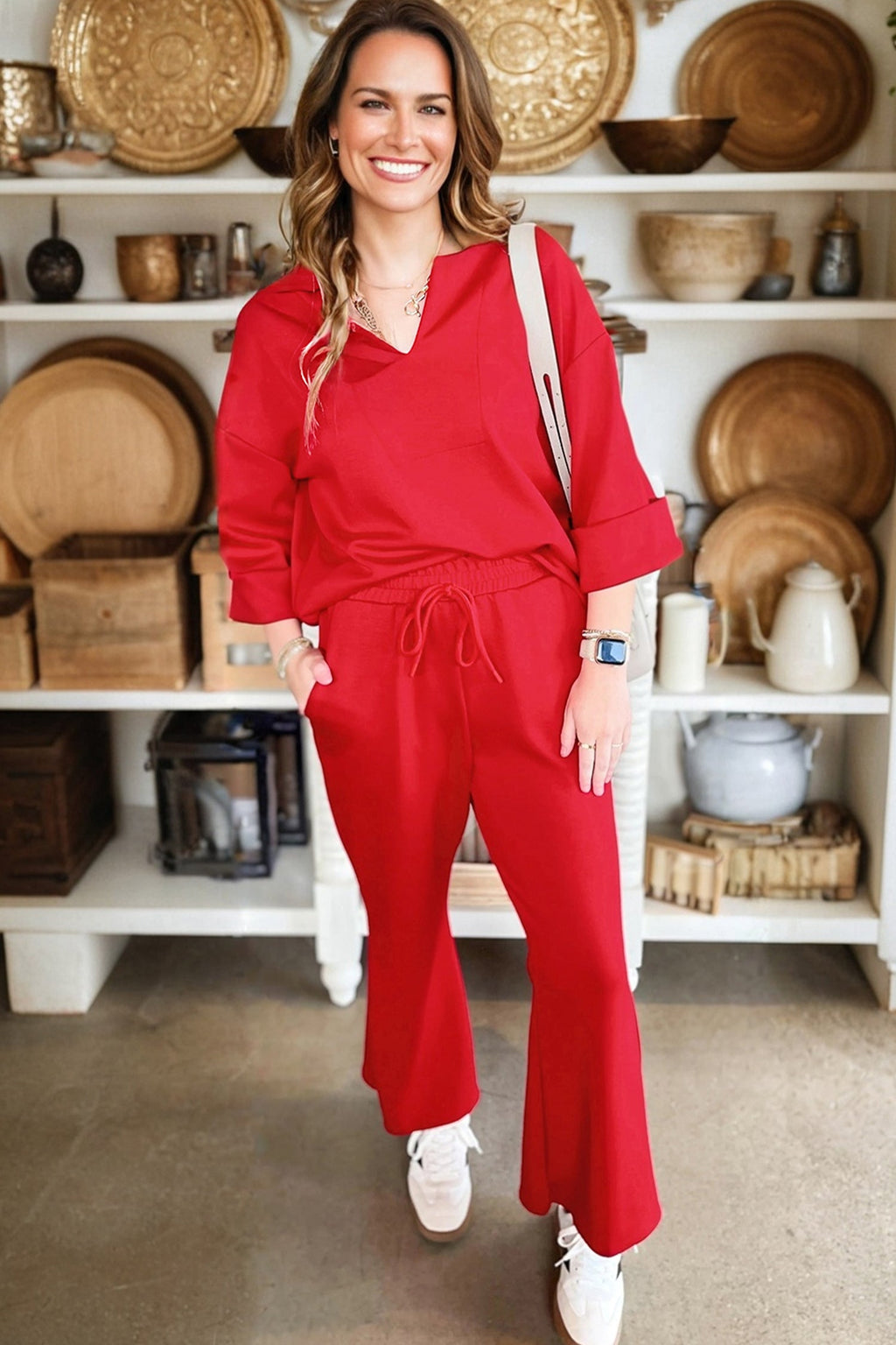 Solid V-Neck Pullover and Drawstring Pants Set