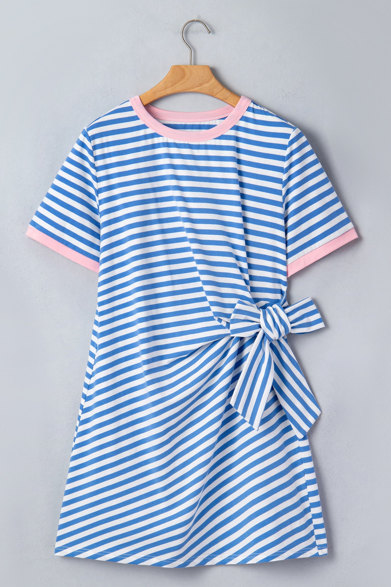 Sky Blue Stripe Nautical Tie Contrast Trim Round Neck T Shirt Mini Dress