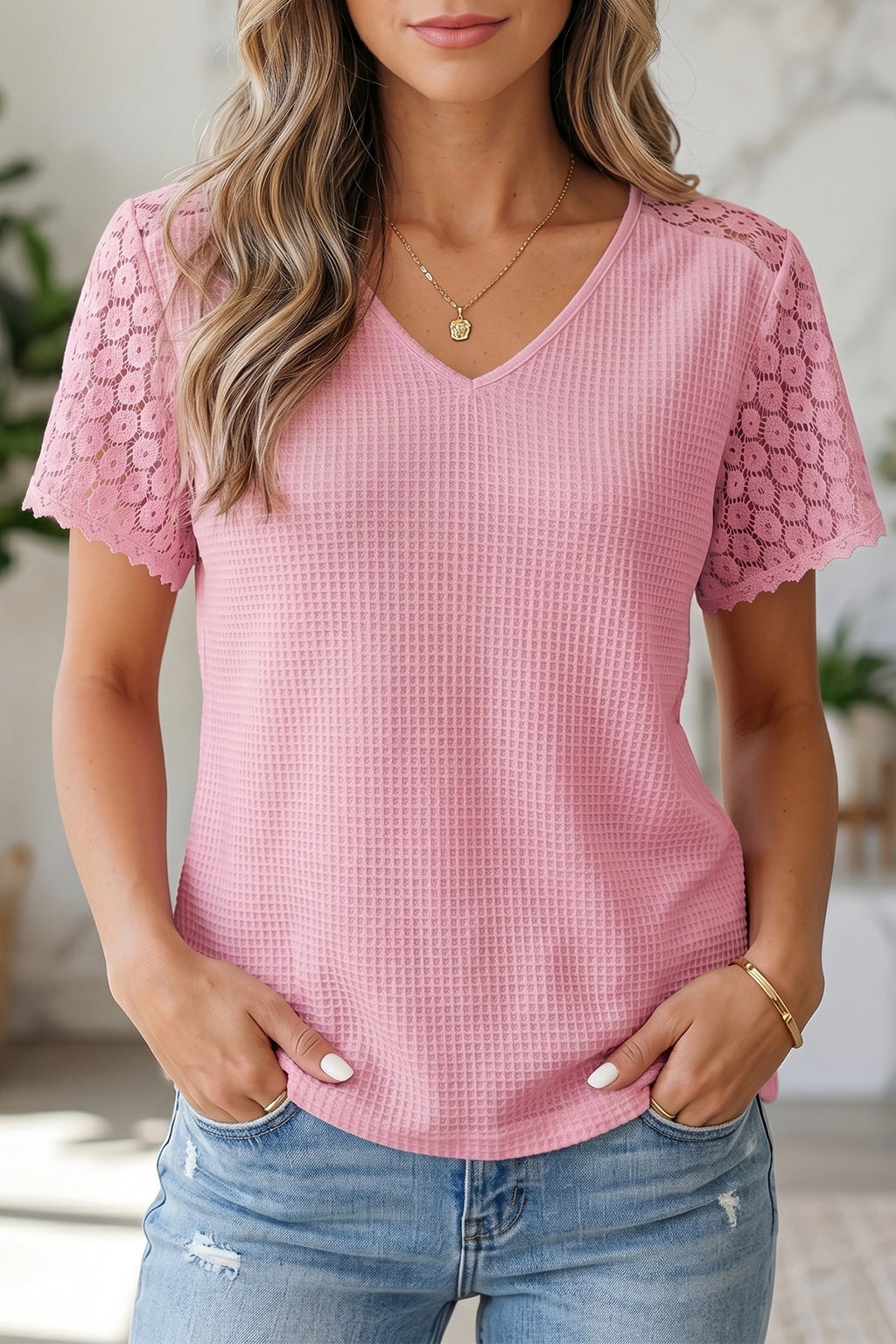 Pink Lace Splicing Button Cutout V Neck Waffle Knit Blouse