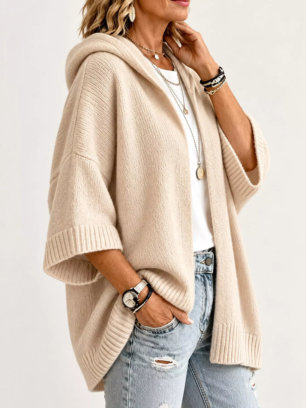 Full Size Hooded Open-Front Knit Cardigan Plus Size