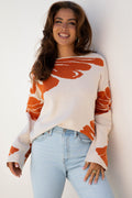 Beige Bold Flower Pattern Wide Sleeve Baggy Sweater