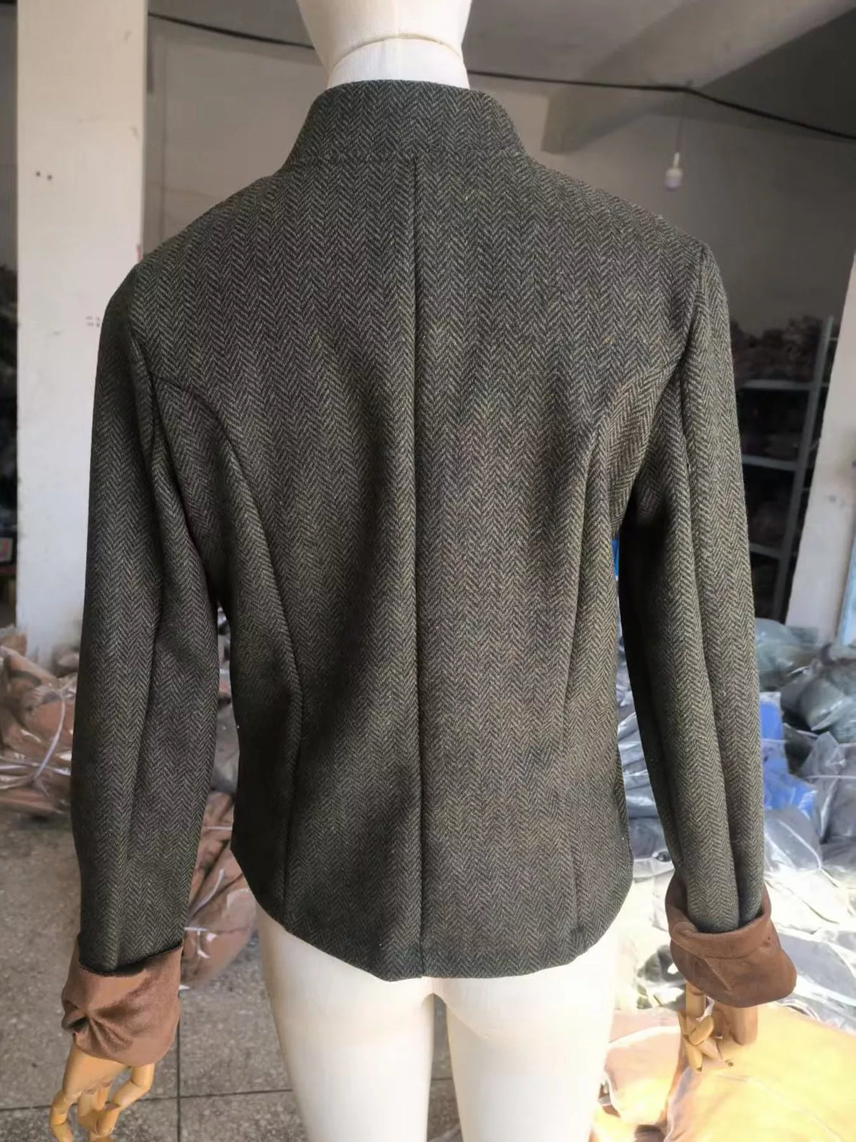 Full Size Vintage Herringbone Tweed Blazer with Velvet Cuffs Plus Size