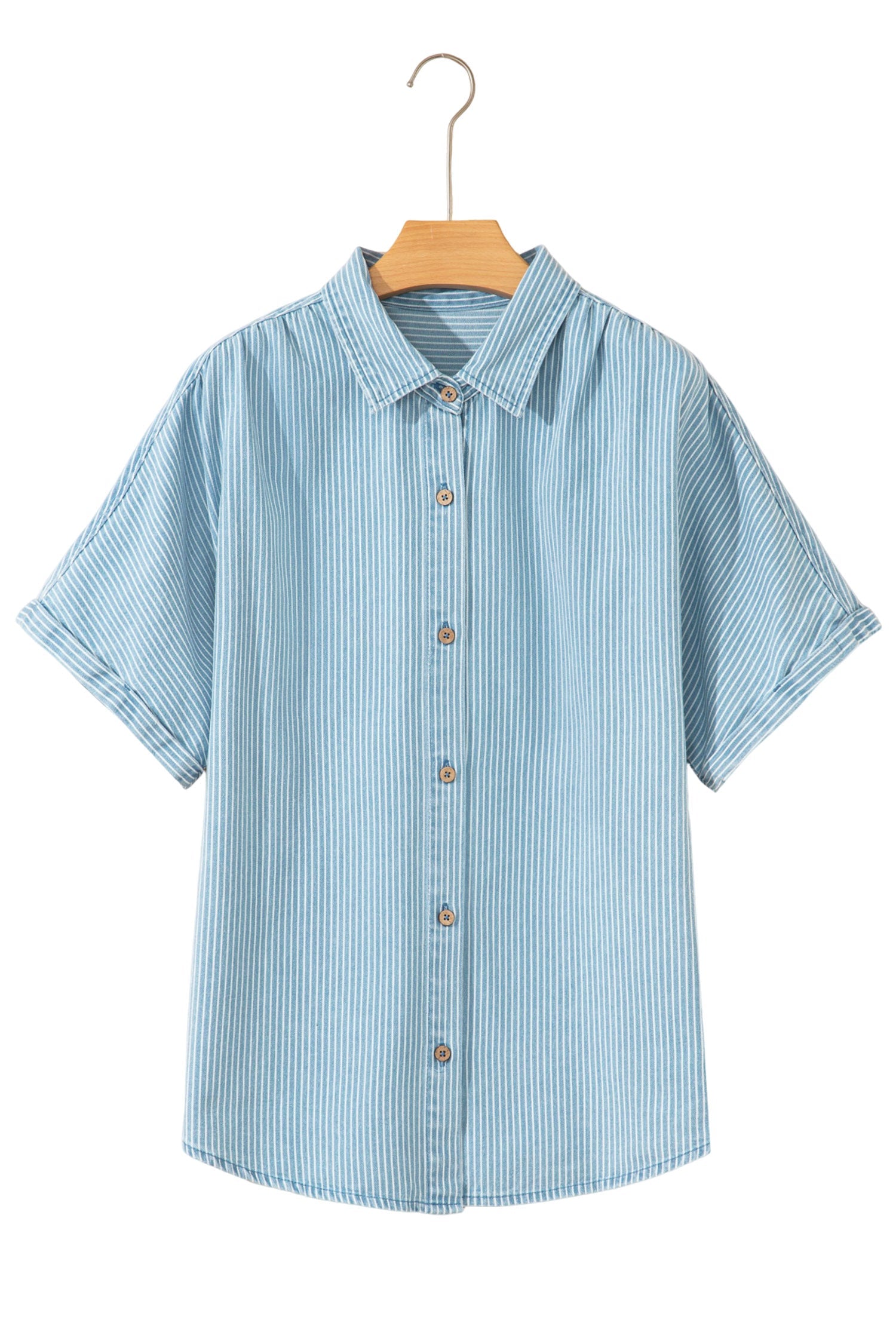 Sky Blue Stripe Cuffed Short Sleeve Button up Loose Shirt