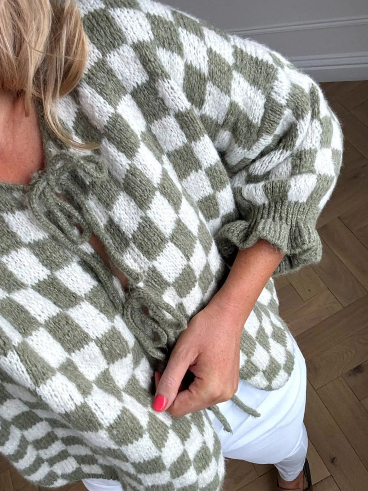 Checkered Tie-Front Knit Cardigan