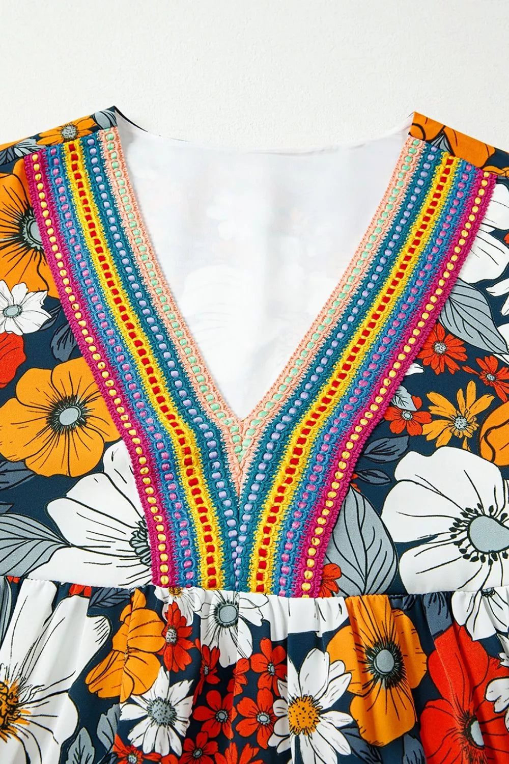 Boho Floral Print V-Neck Mini Dress with Pockets