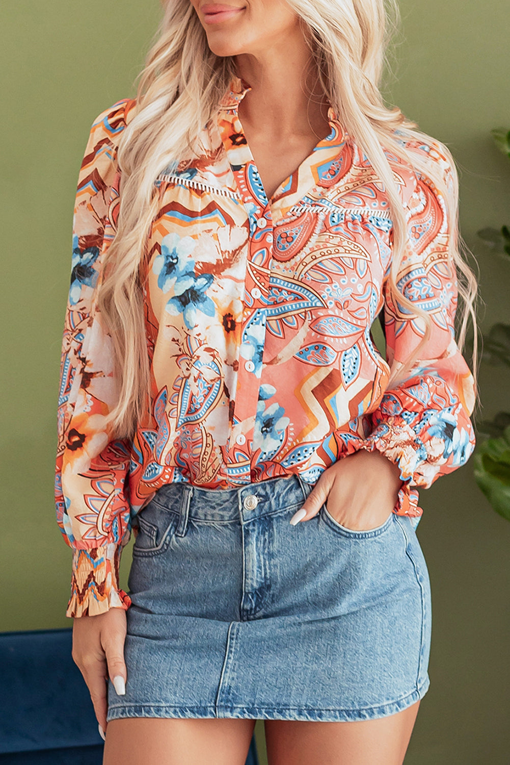 Floral Button-Up Shirred Cuff Shirt