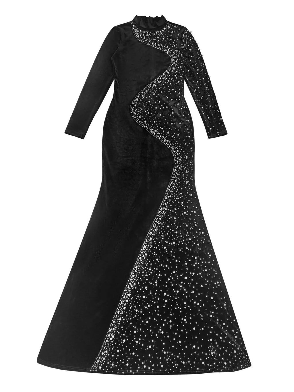 Rhinestone Embellished Velvet Mermaid Evening Maxi Dress