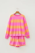 Pink Stripe Long Sleeve Casual Top Drawstring Shorts 2pcs Set