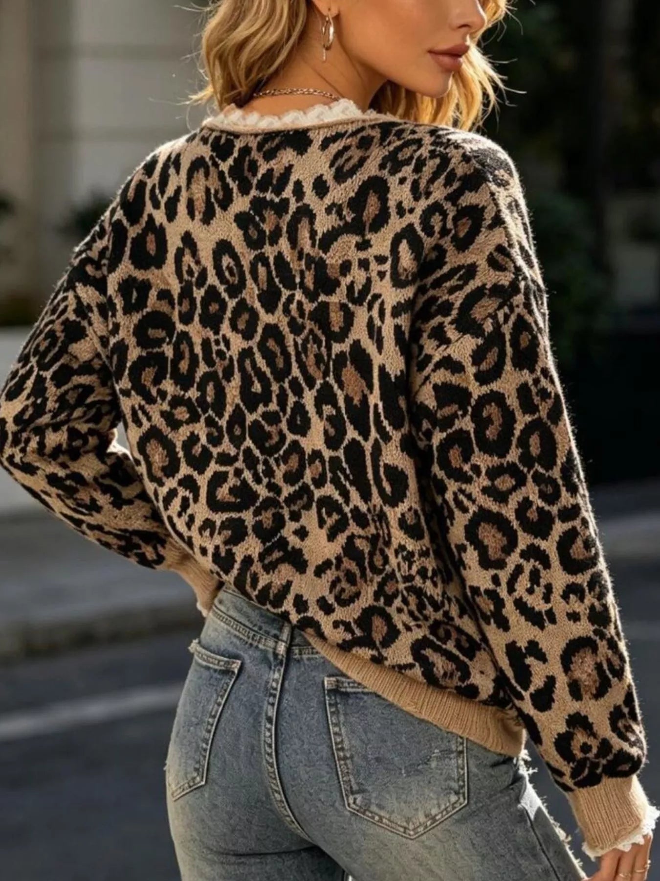 Full Size Leopard Print V-Neck Lace Trim Sweater Plus Size