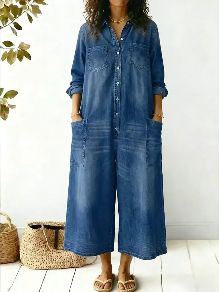 Full Size Button Front Wide Leg Jumpsuit with Chest Pockets Plus Size
