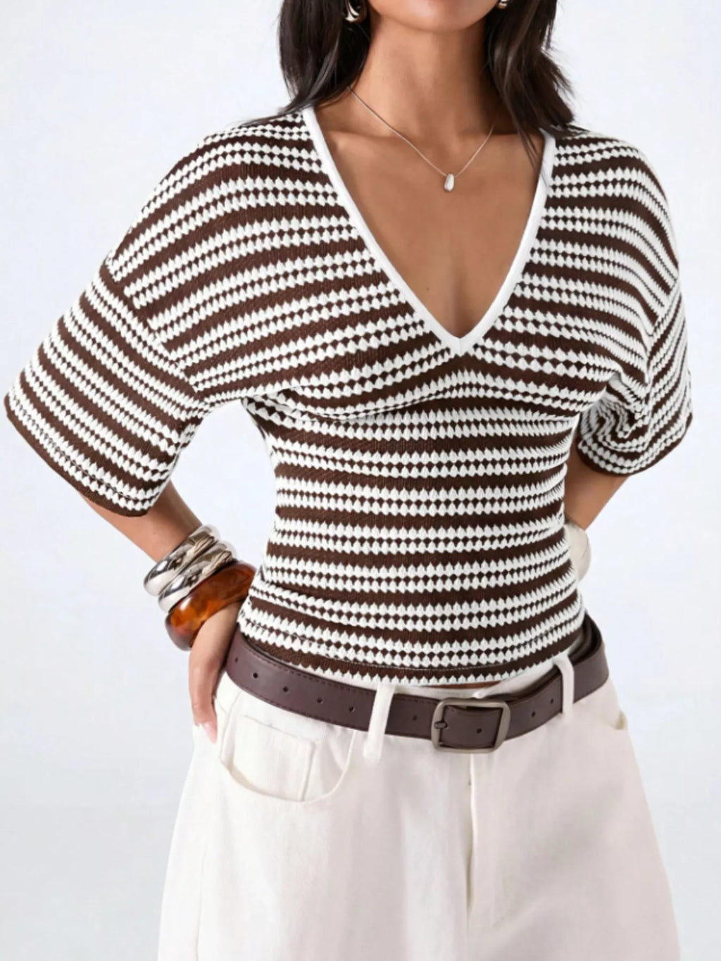 Striped V-Neck Knit Top