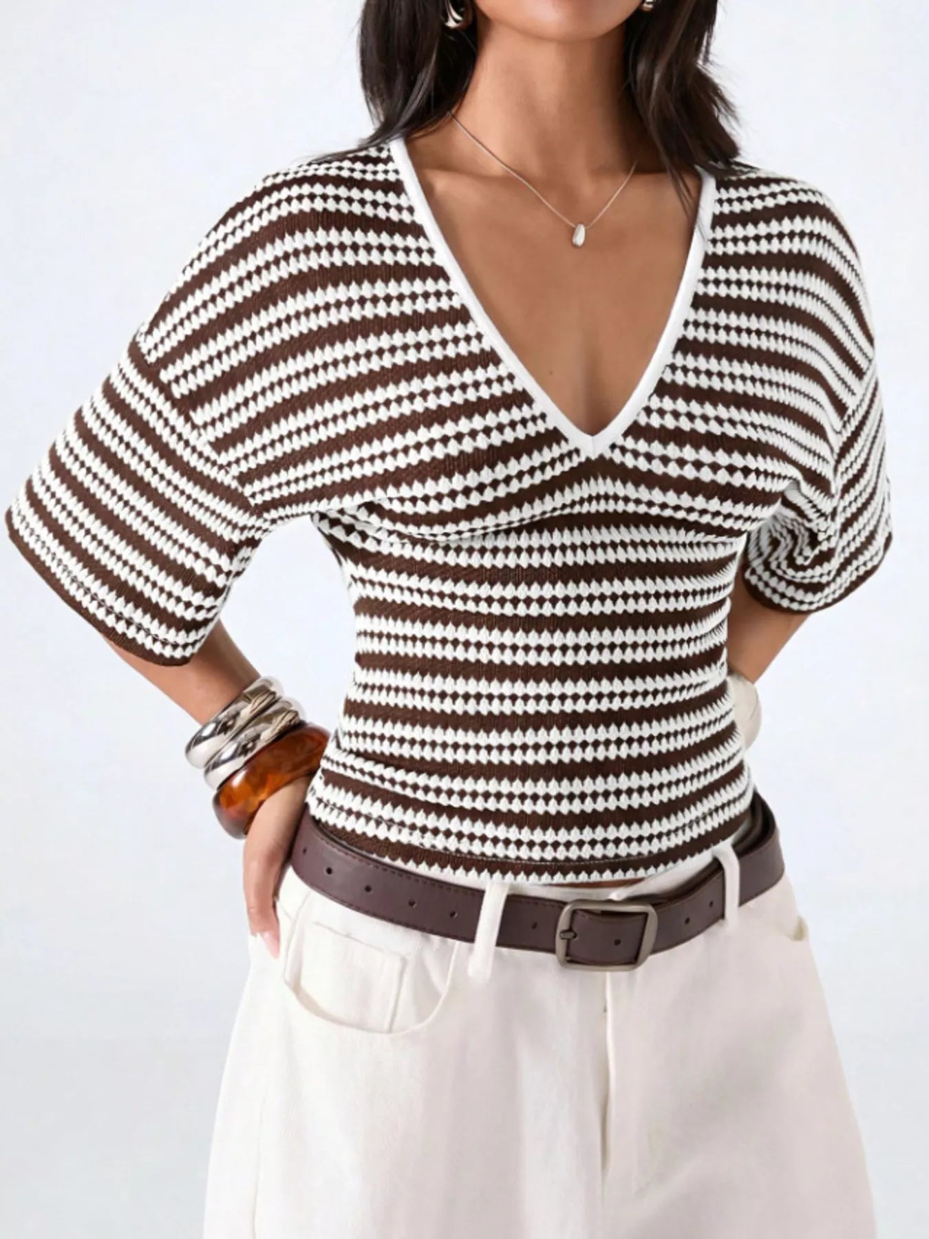 Striped V-Neck Knit Top