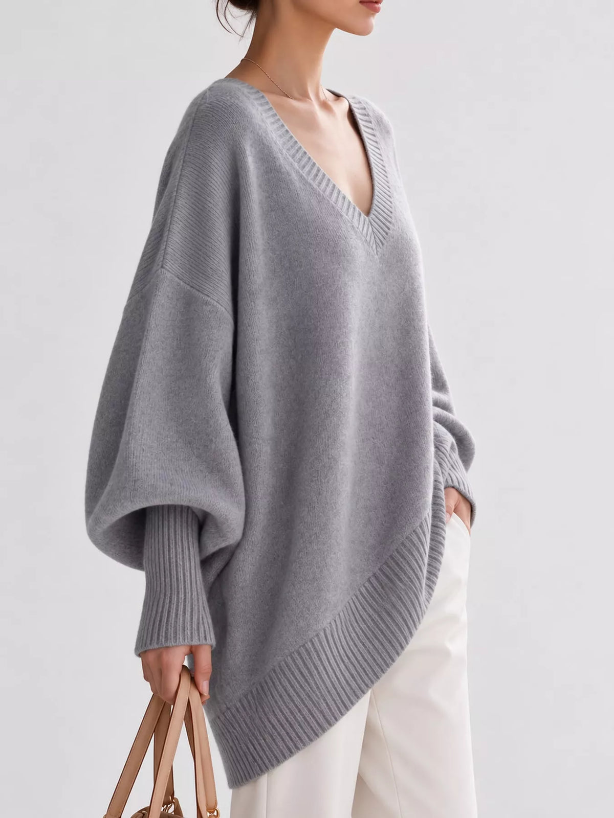 Full Size V-Neck Oversized Batwing Sleeve Sweater Plus Size