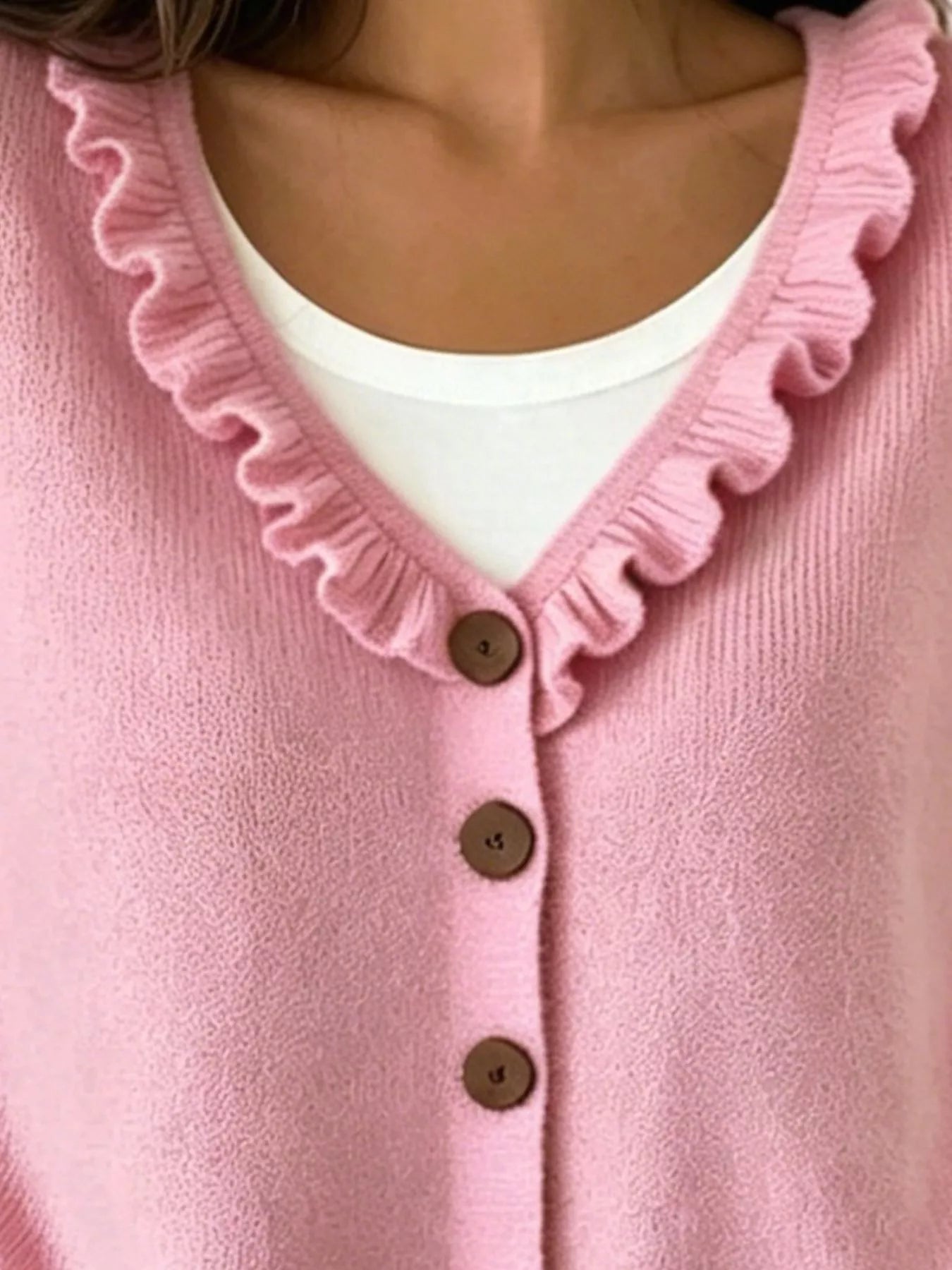 Ruffled Neckline Button-Up Cardigan