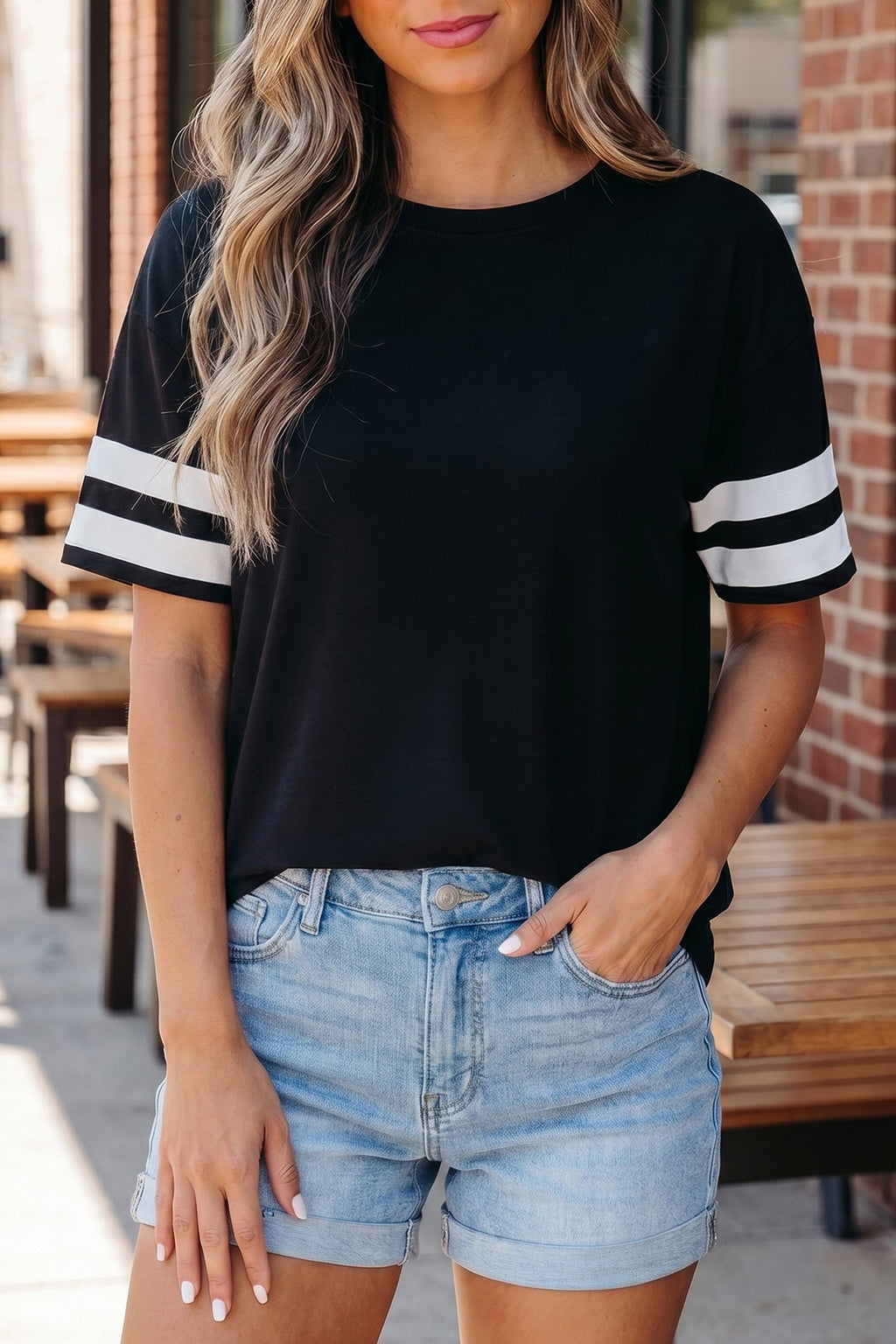 Black Varsity Striped Short Sleeve Crew Neck T Shirt
