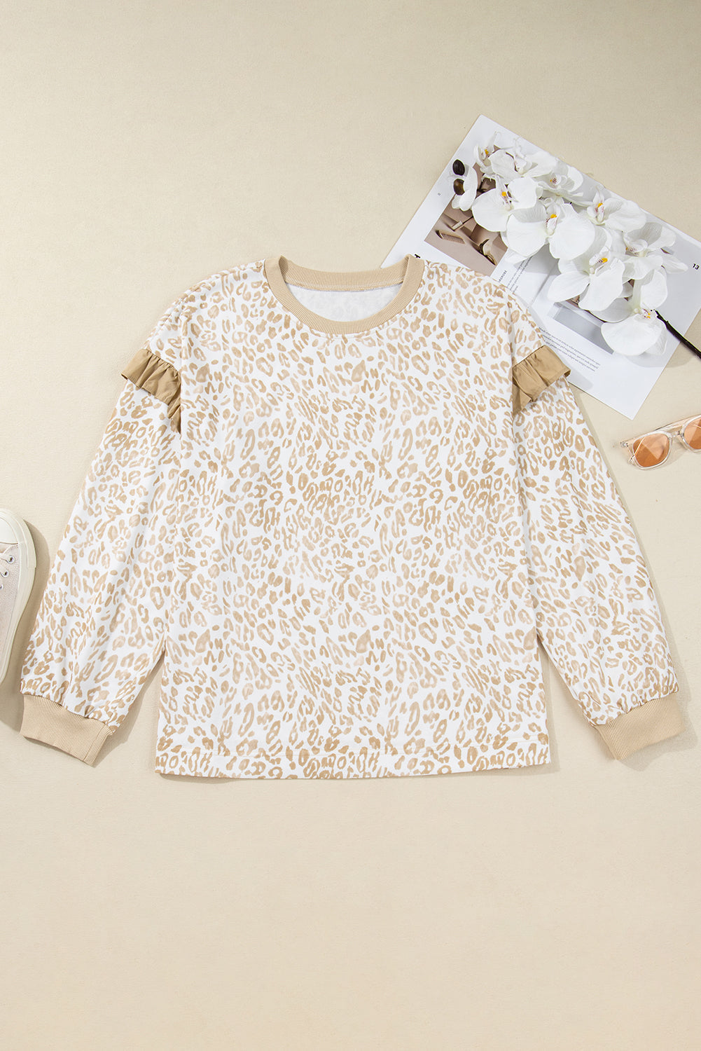 Plus Size Leopard Ruffle Long Sleeve Sweatshirt