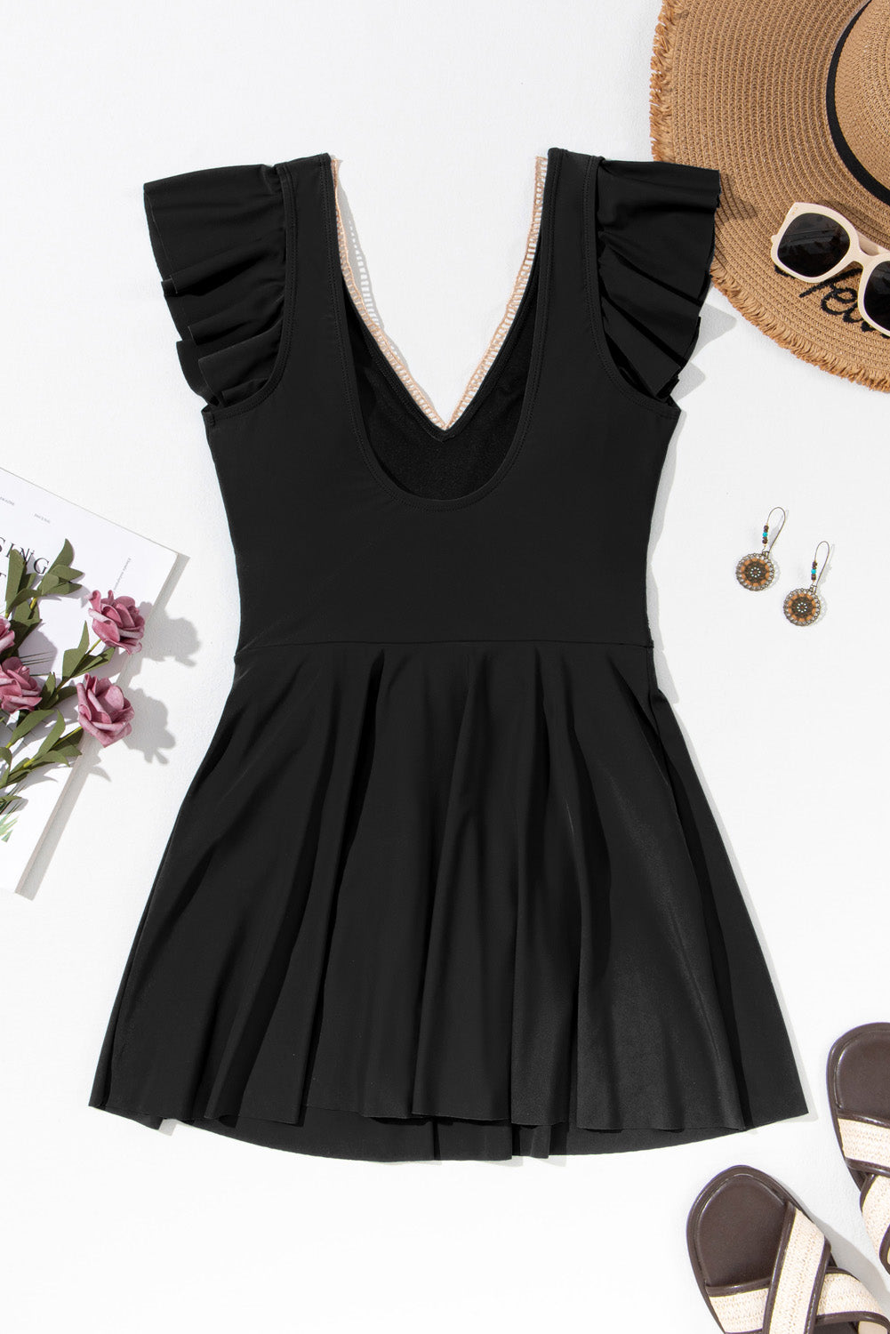 Ruffle Lace Trim V-Neck Short Sleeve Swim Dress