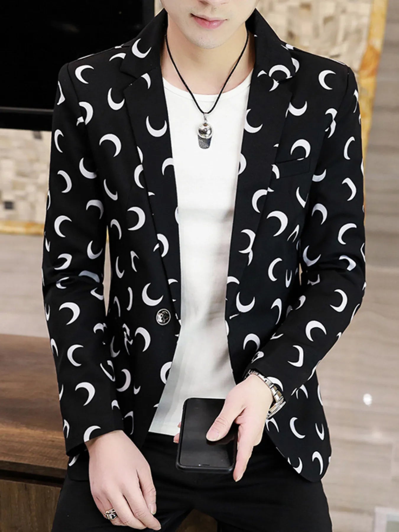 Men's Plus Size Crescent Moon Print One Button Blazer