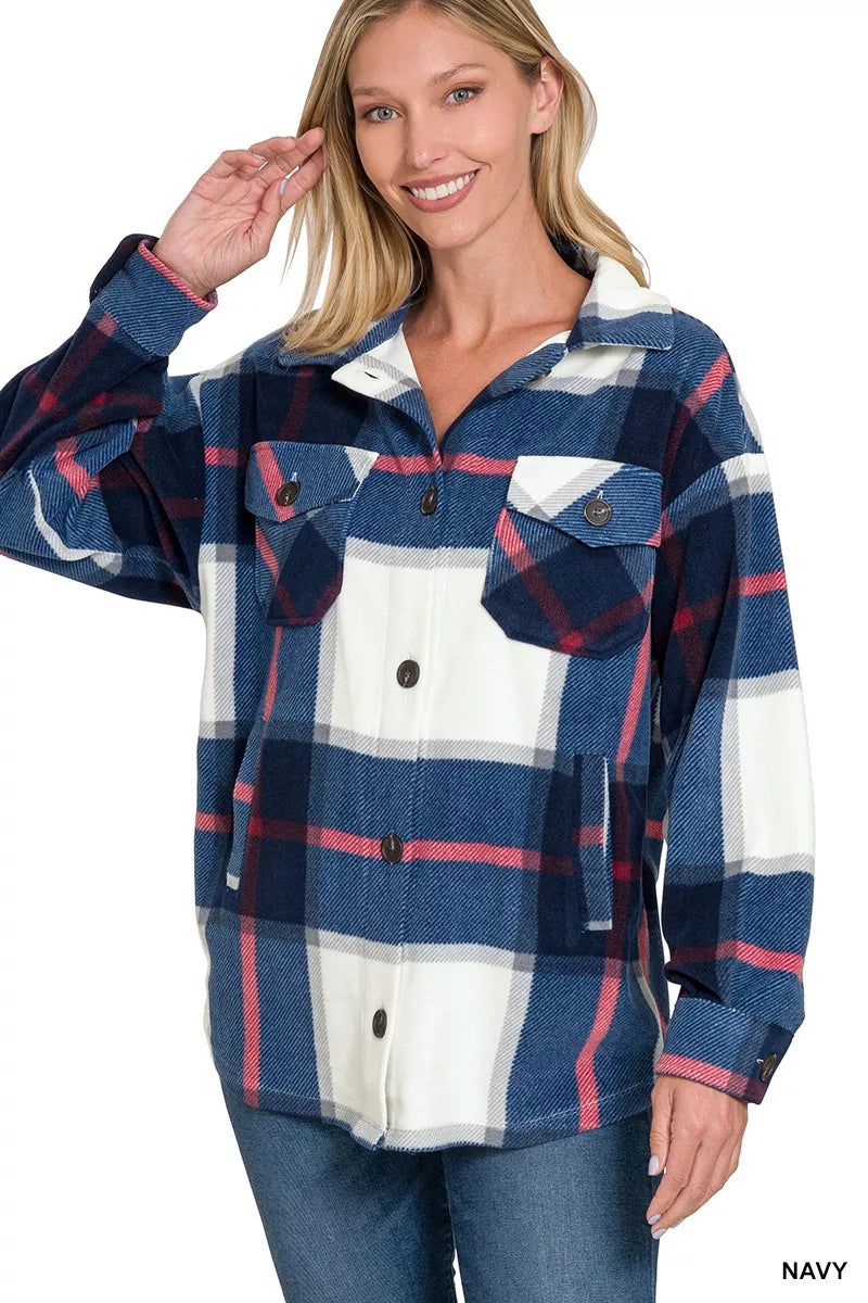 Oversized Plaid Fleece Shacket – Navy