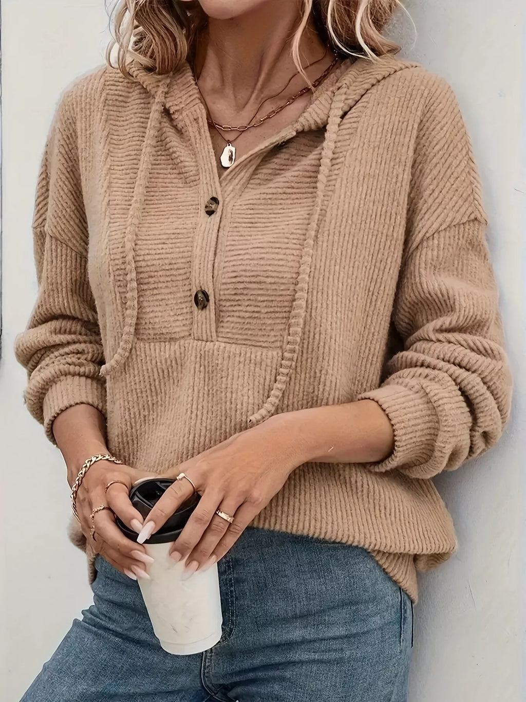 Button-Front Drawstring Hoodie