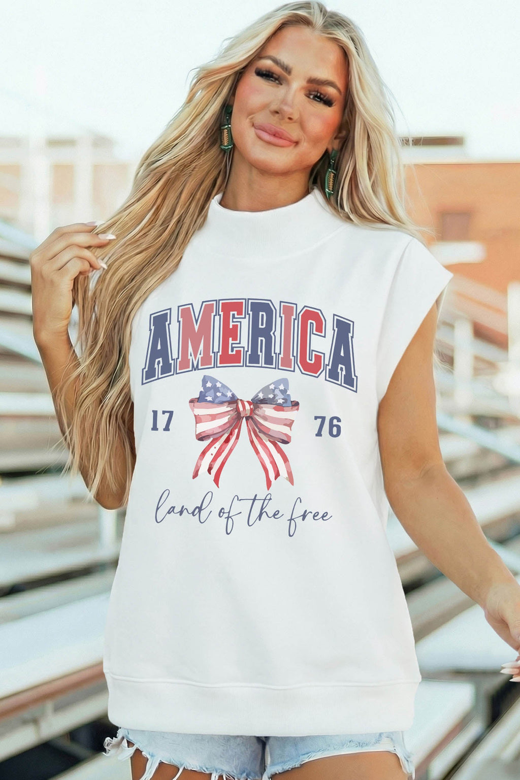 White Patriotic Slogan America Flag Print Mock Neck Tee
