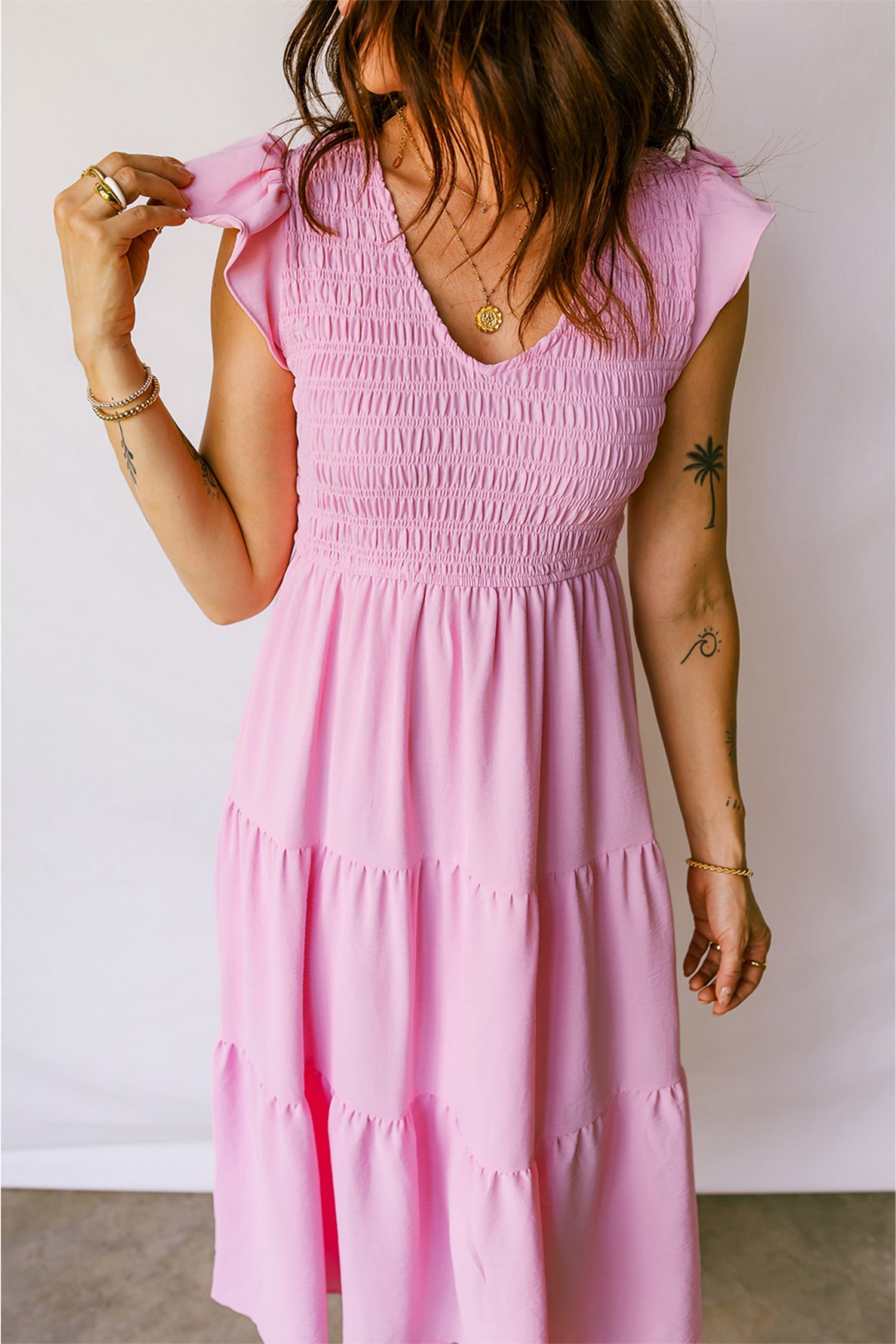 Pink Smocked Bodice Flutter Sleeve Fit Flare Tiered Midi Dress